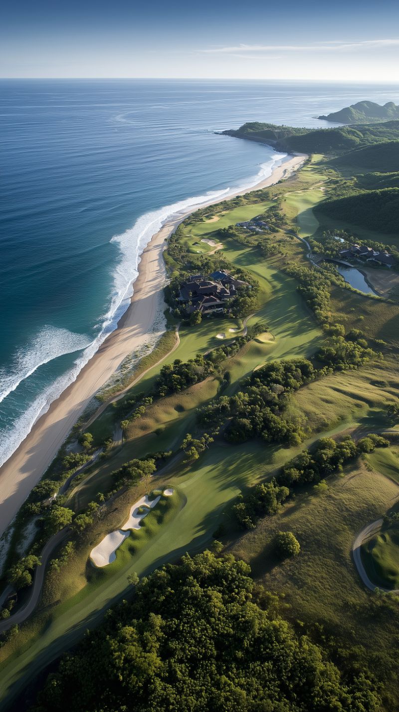 Aerial view of coastal golf course at sunrise