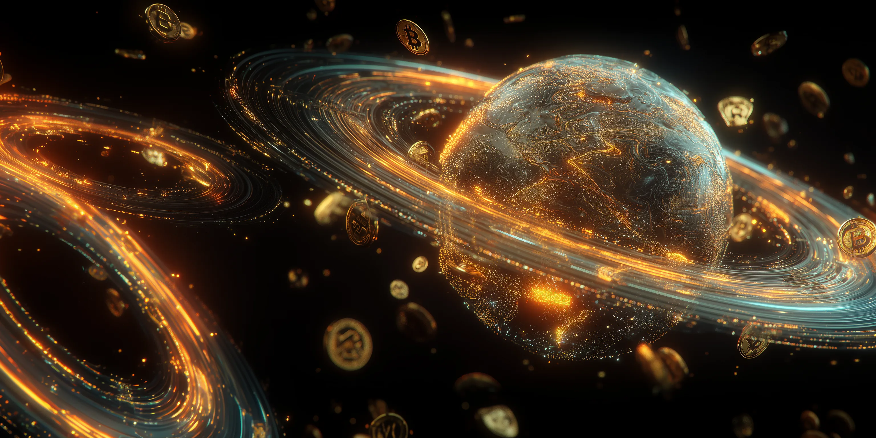 Futuristic Crypto Planet with Glowing Rings