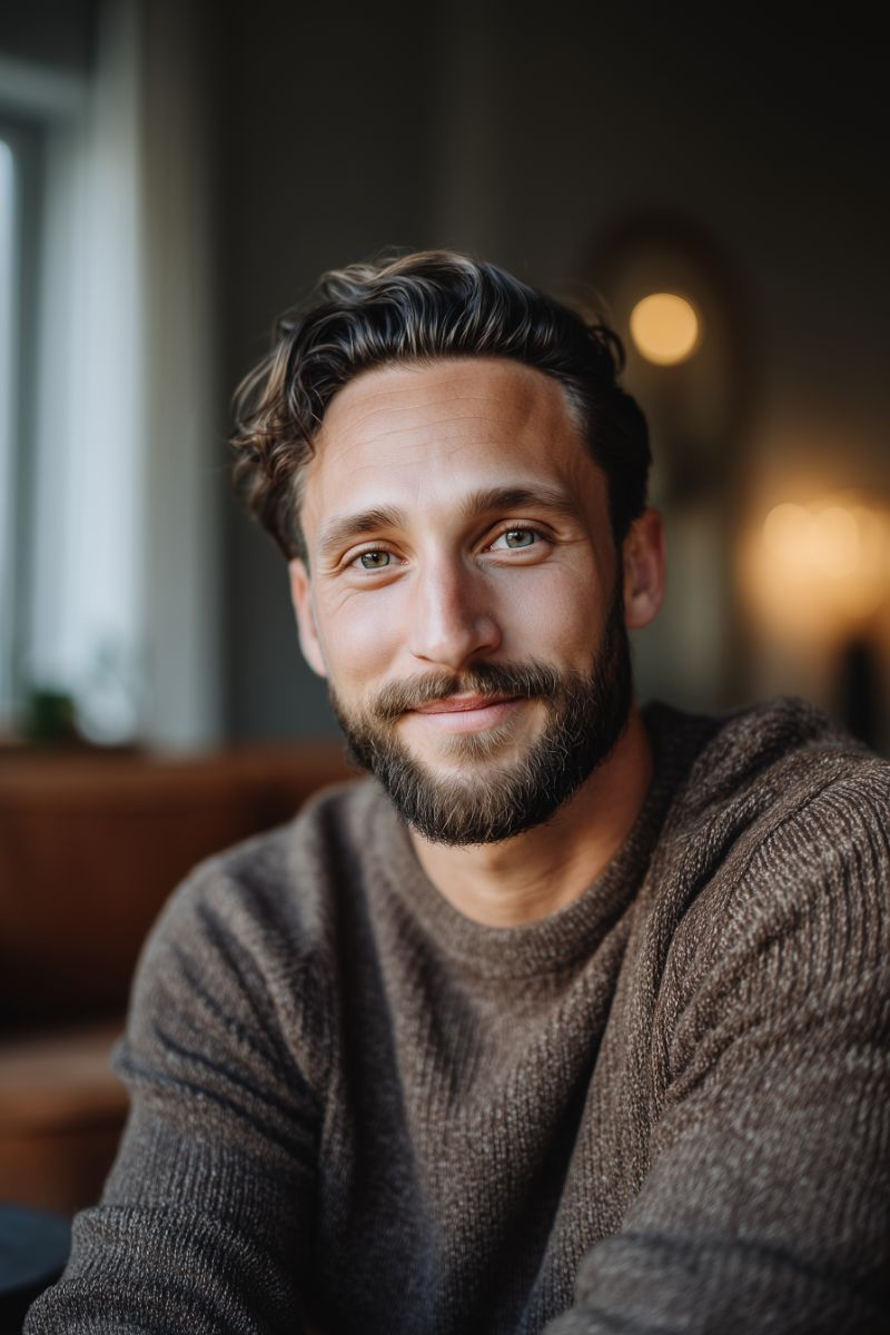 Warm indoor portrait of smiling bearded man