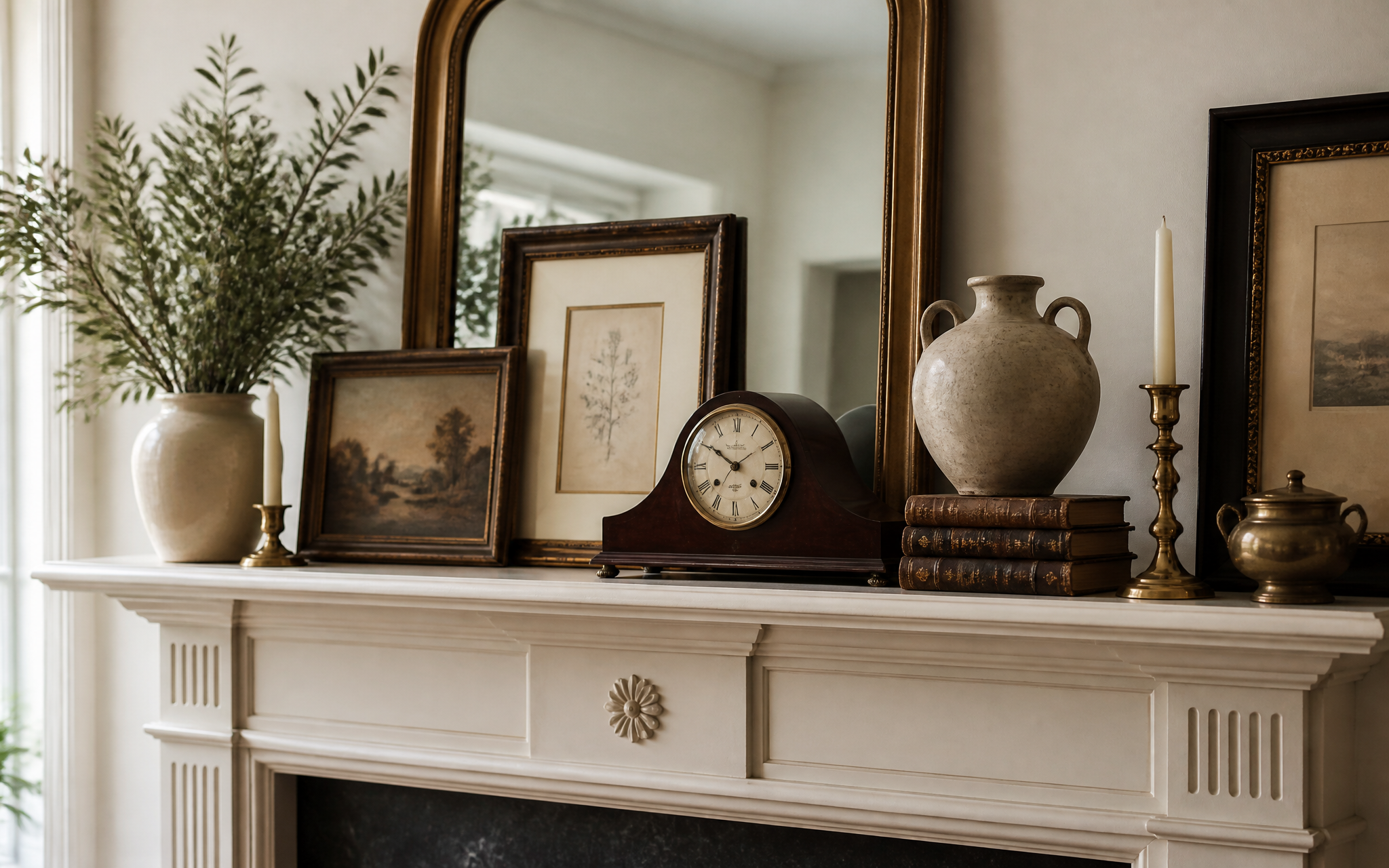 Classic mantel decorated with antique objects
