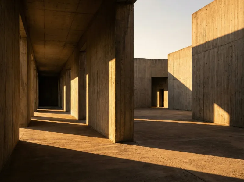 Brutalist concrete corridor at golden hour