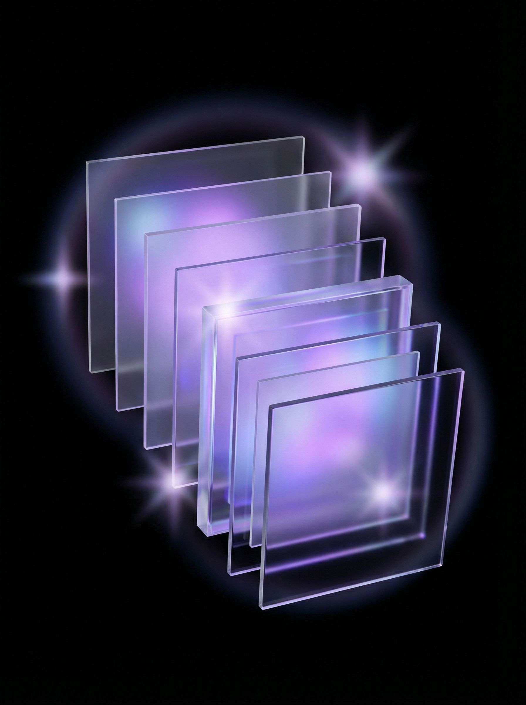 Stacked glass panes with purple light glow