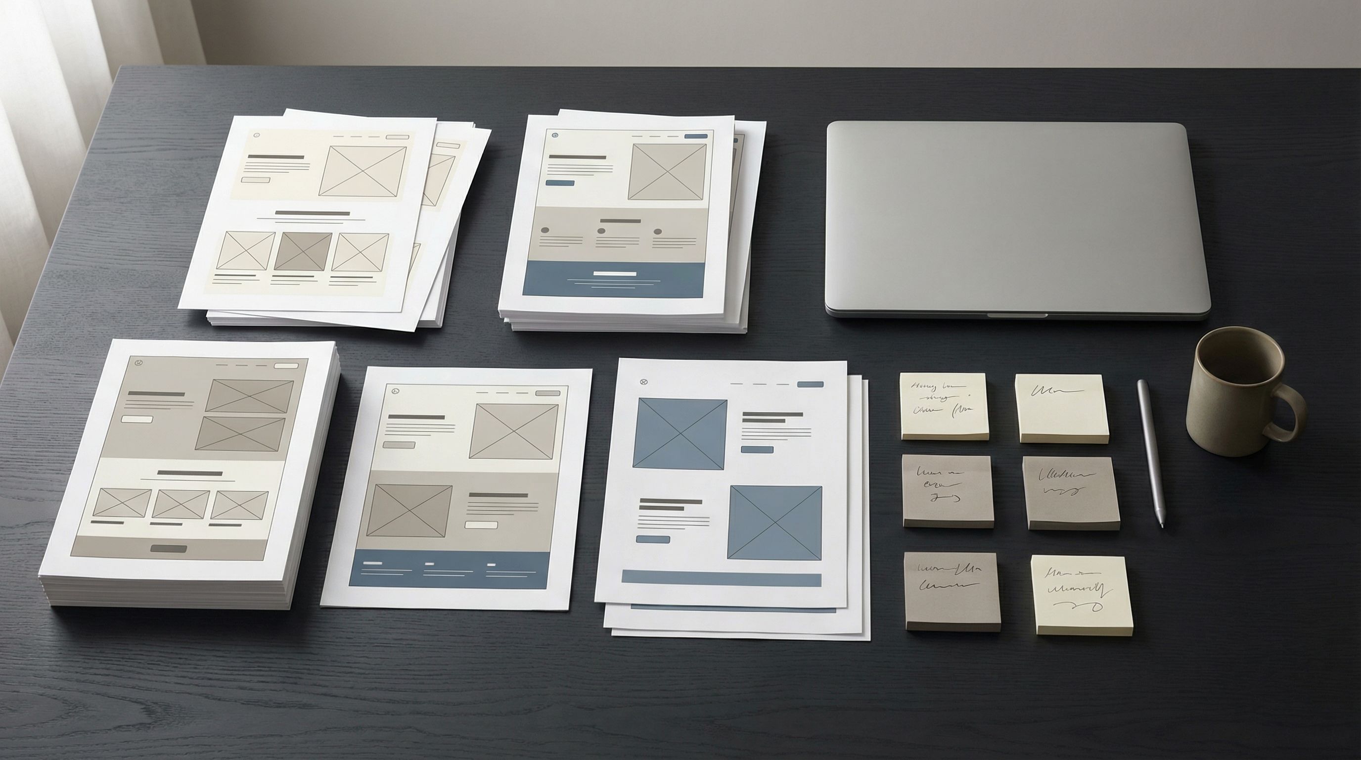 Organized UX wireframes on modern workspace desk