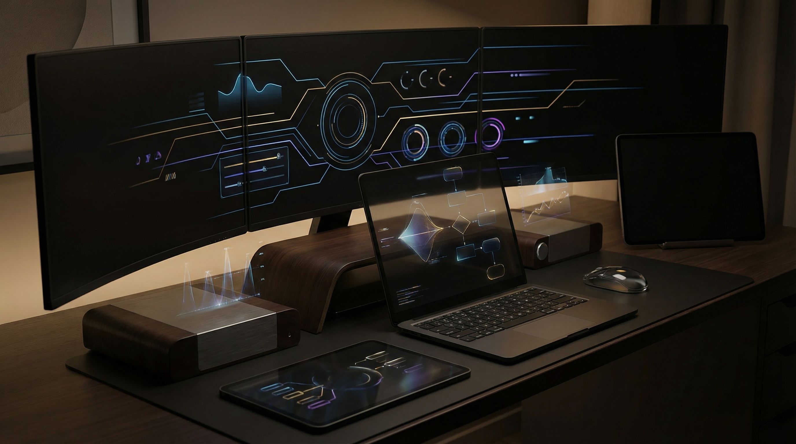 Futuristic multi-screen workstation setup