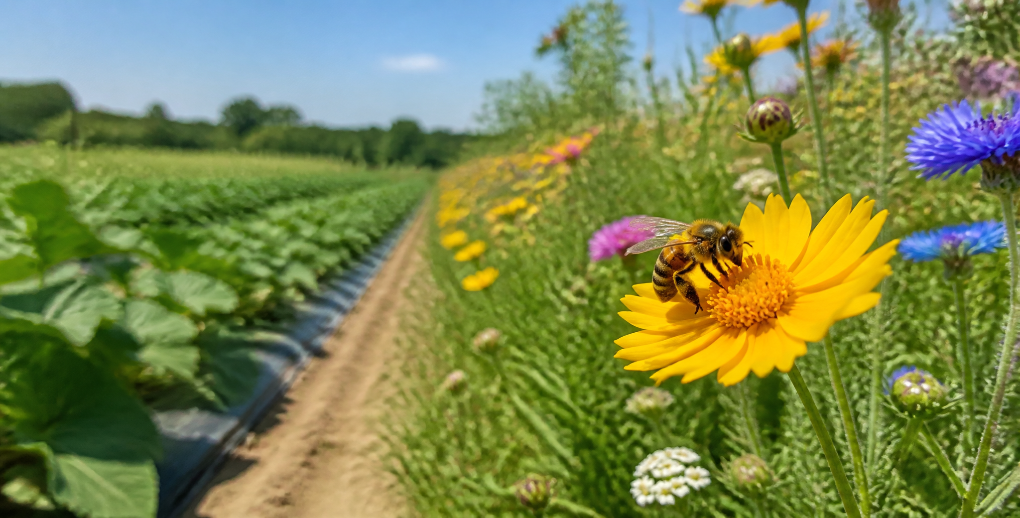 Honey bee visiting a bright wildflower next to a planted row