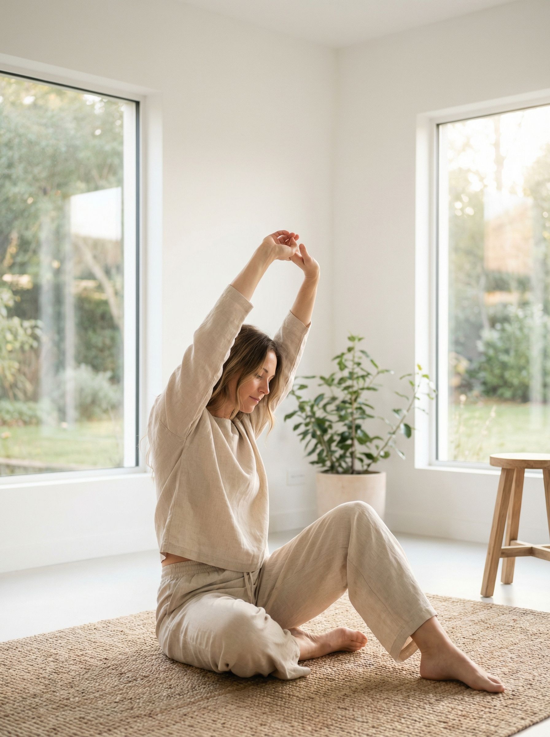 Woman stretching on rug in bright minimalist room