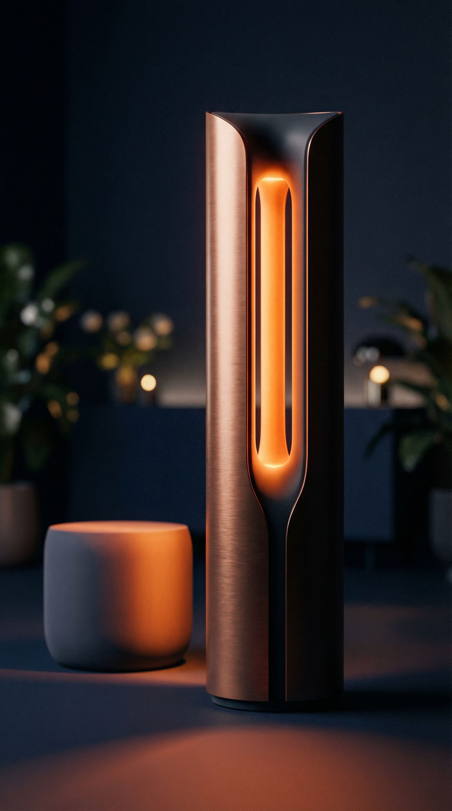 Modern copper ambient floor lamp at night