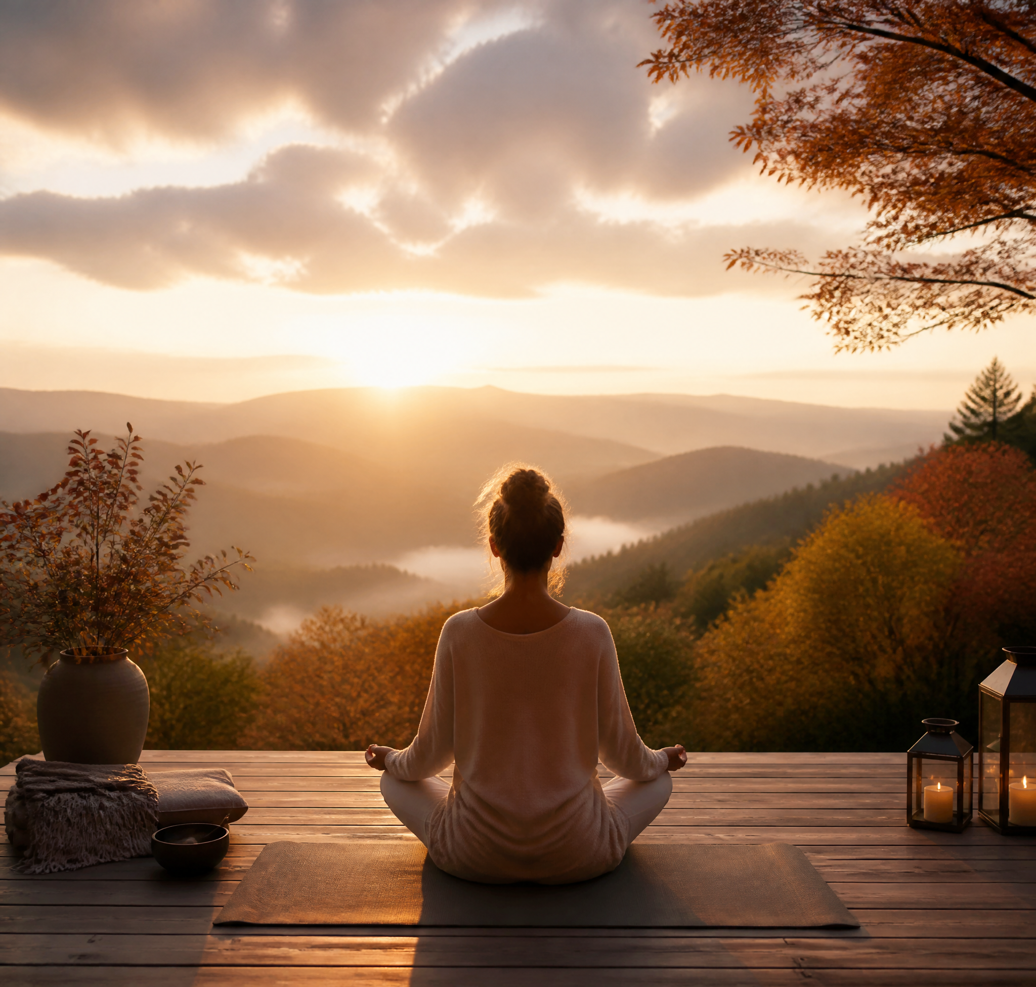 Woman Meditating at Sunrise on Mountain Deck