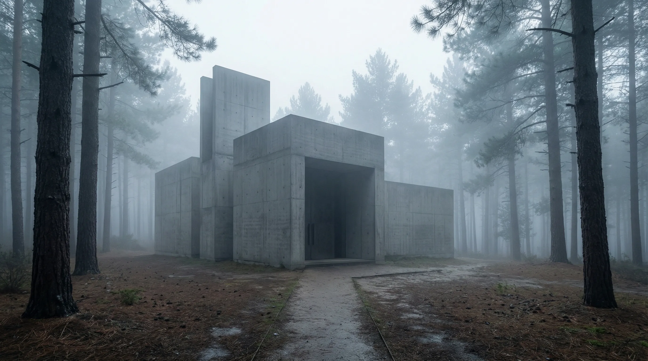 Brutalist concrete building in foggy forest