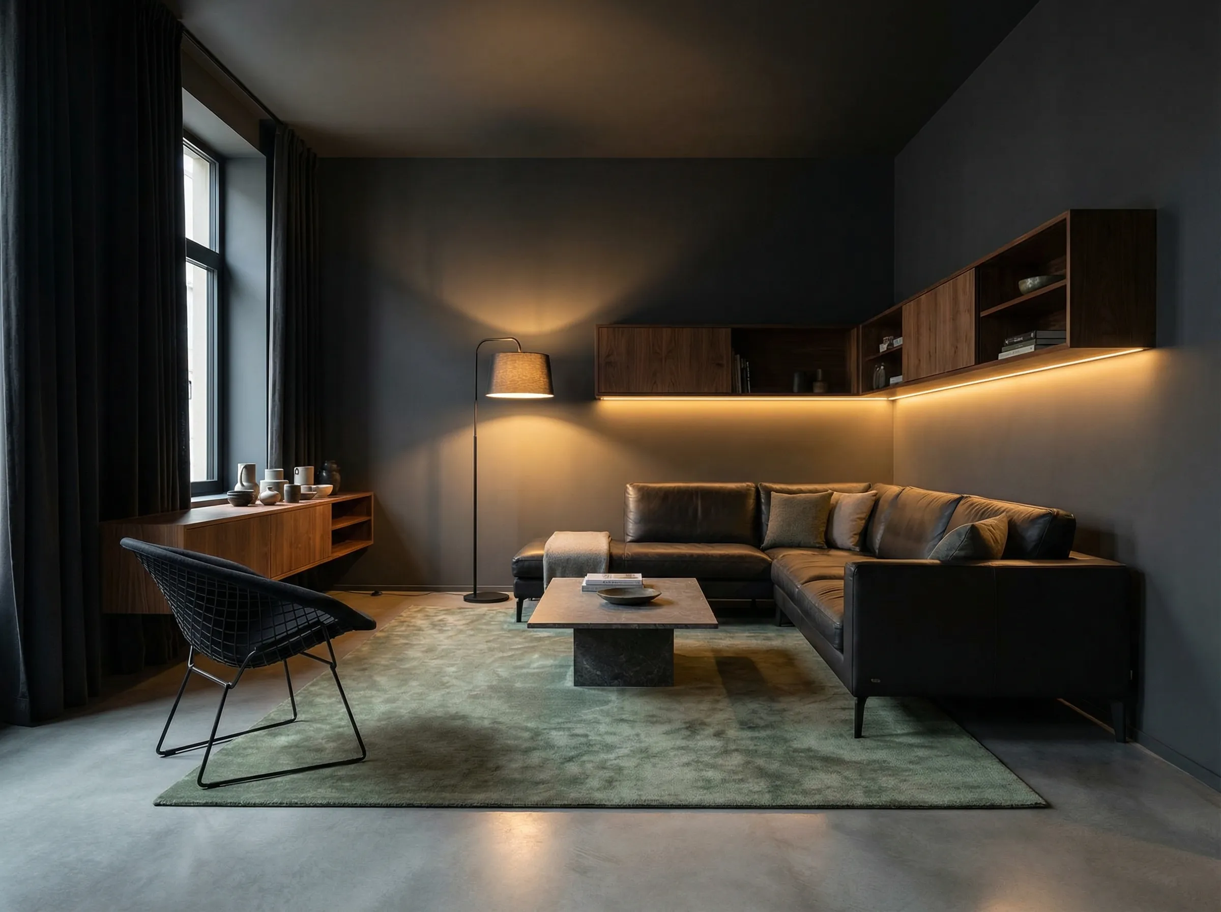 Modern dark living room with warm ambient lighting