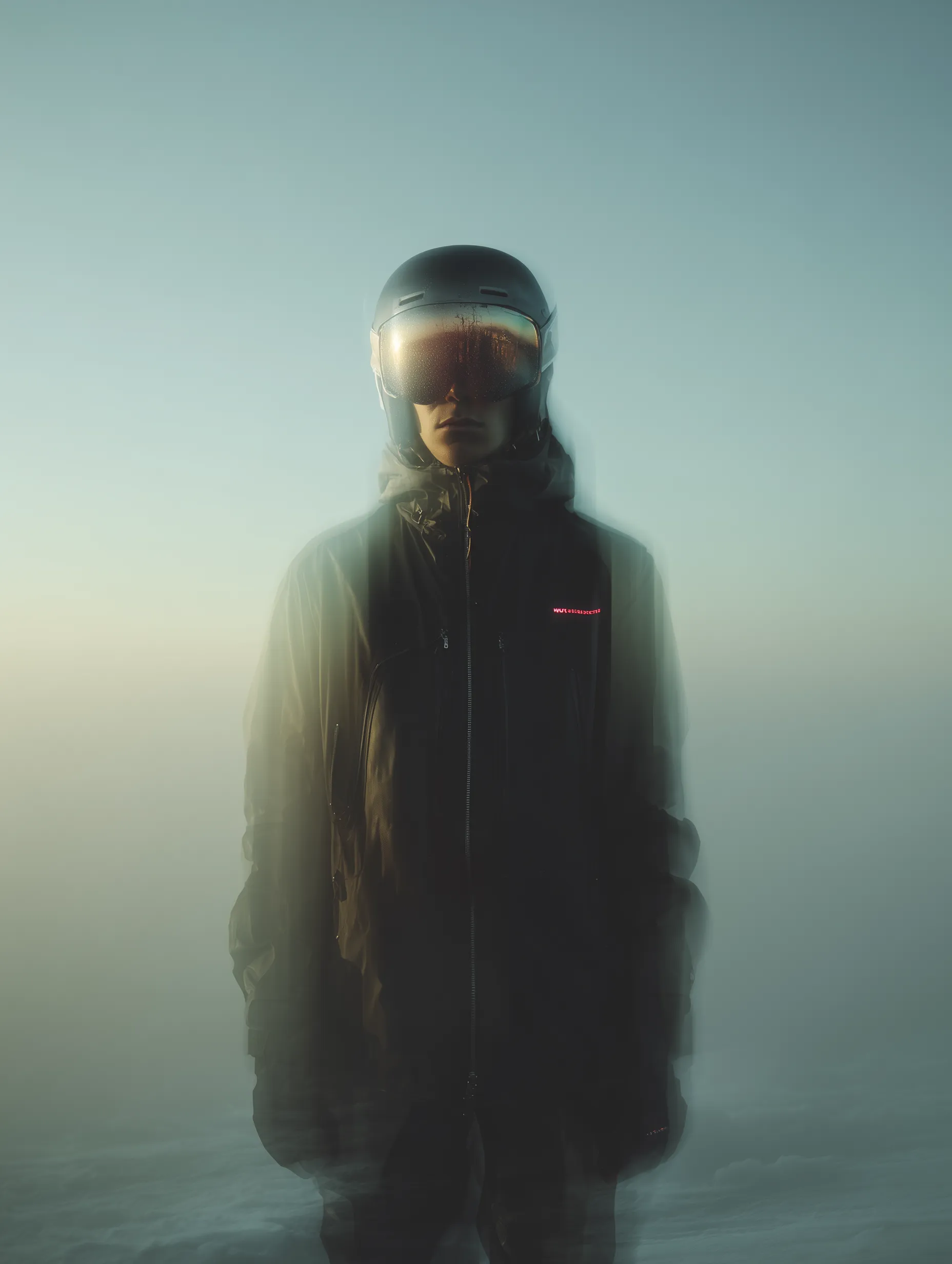 Blurred Snowboarder in Reflective Visor at Dawn