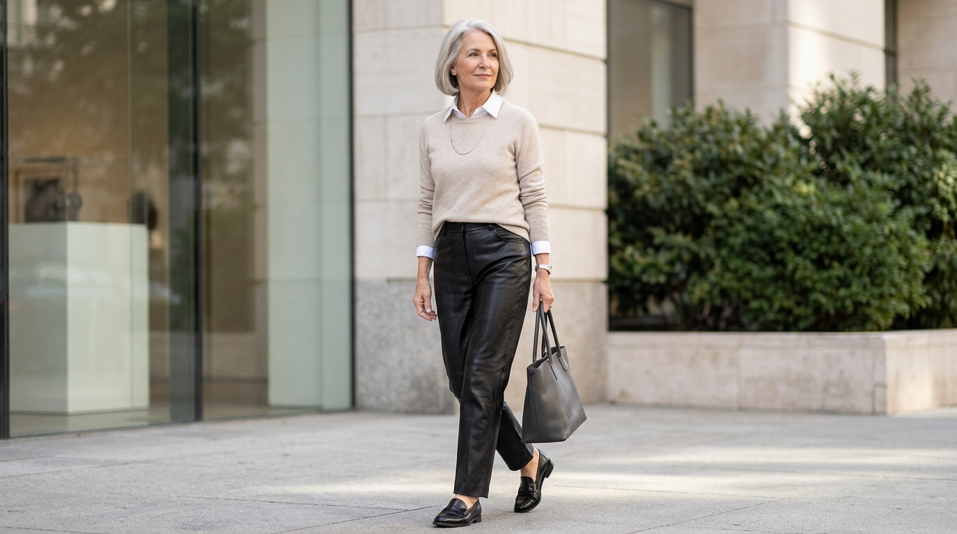 Older woman wearing black leather pants with refined styling