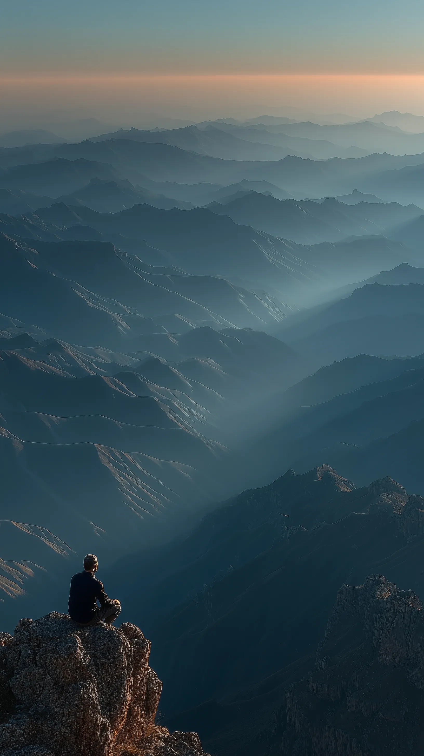 Hiker Overlooking Foggy Mountain Range at Dawn