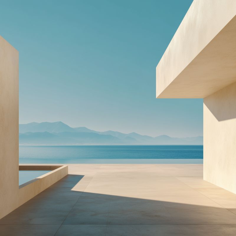 Minimalist seaside terrace with modern beige architecture