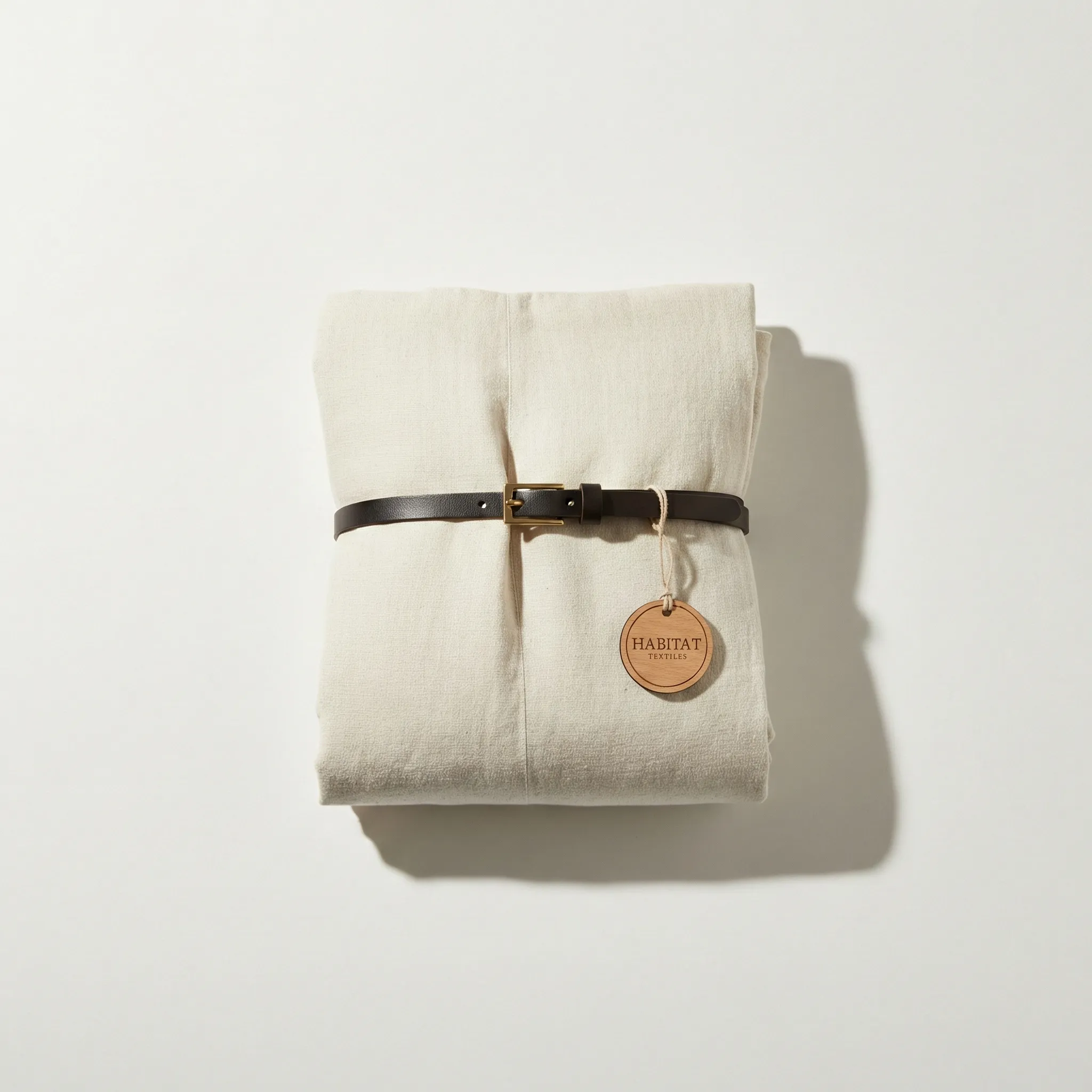 Folded beige linen blanket with leather strap