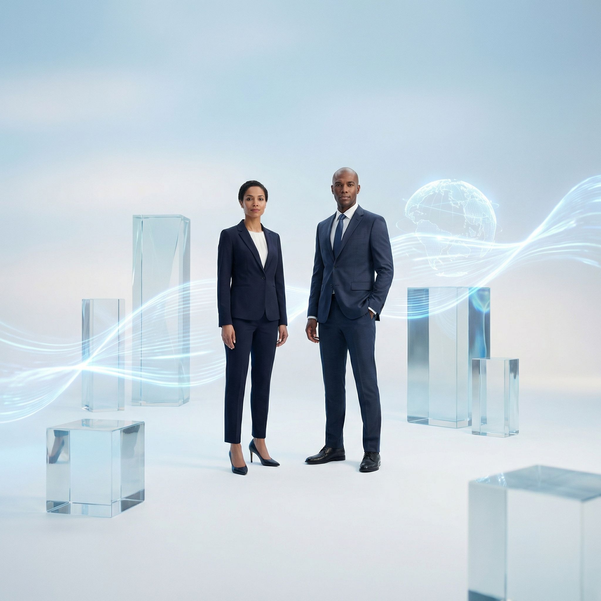 Business professionals in futuristic setting