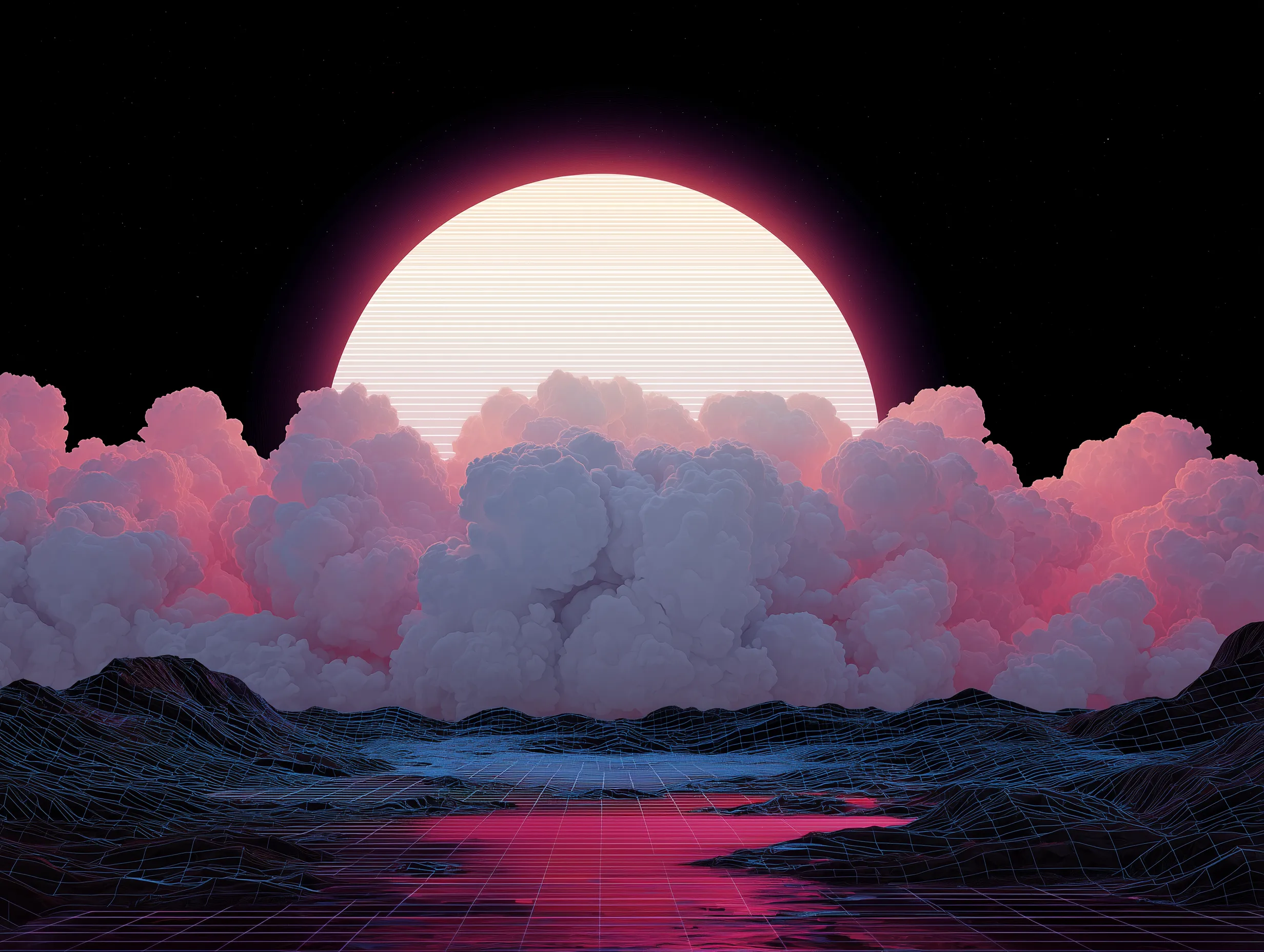 Retro Synthwave Landscape with Glowing Sun and Clouds