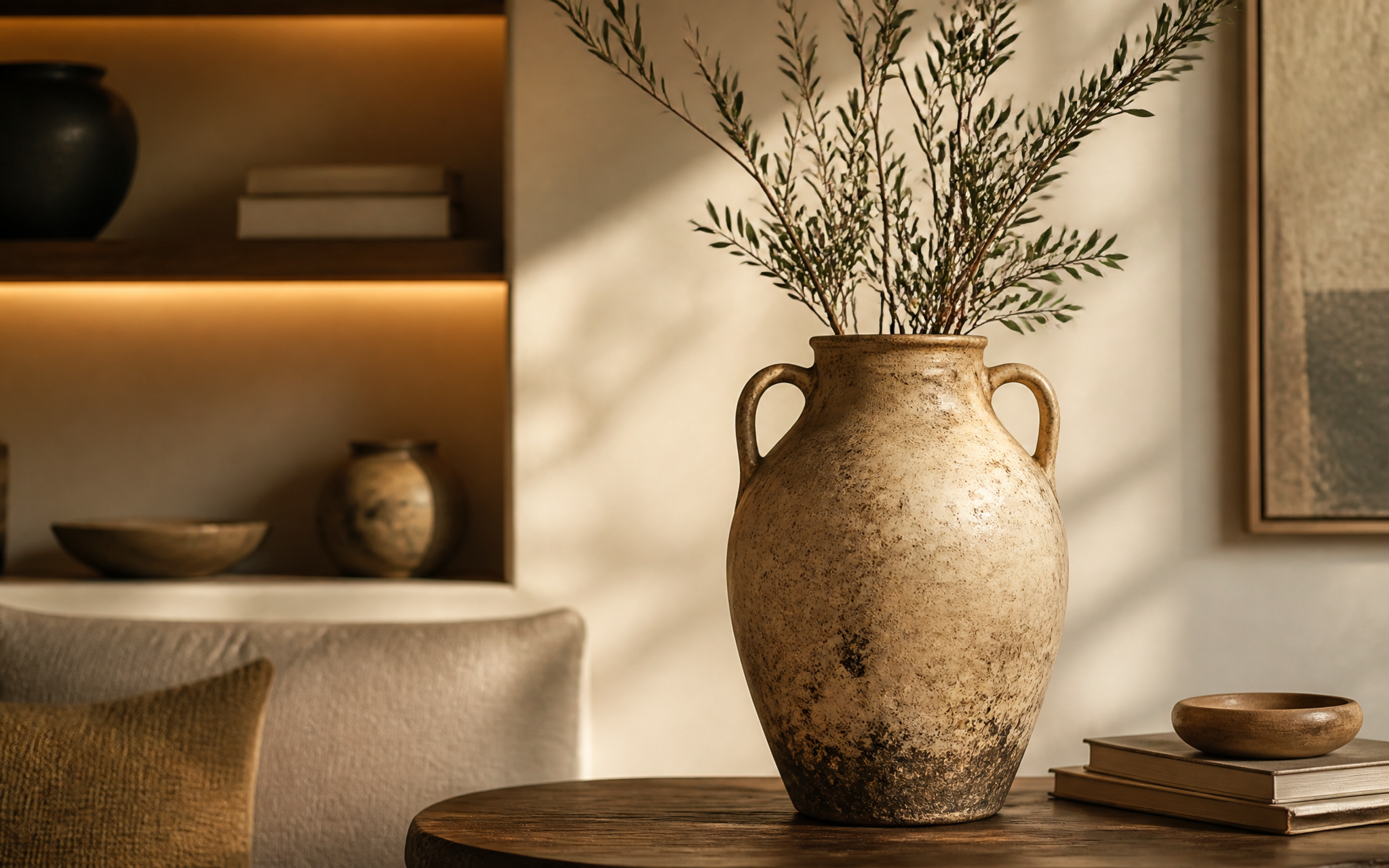 Vintage ceramic vase with warm interior lighting