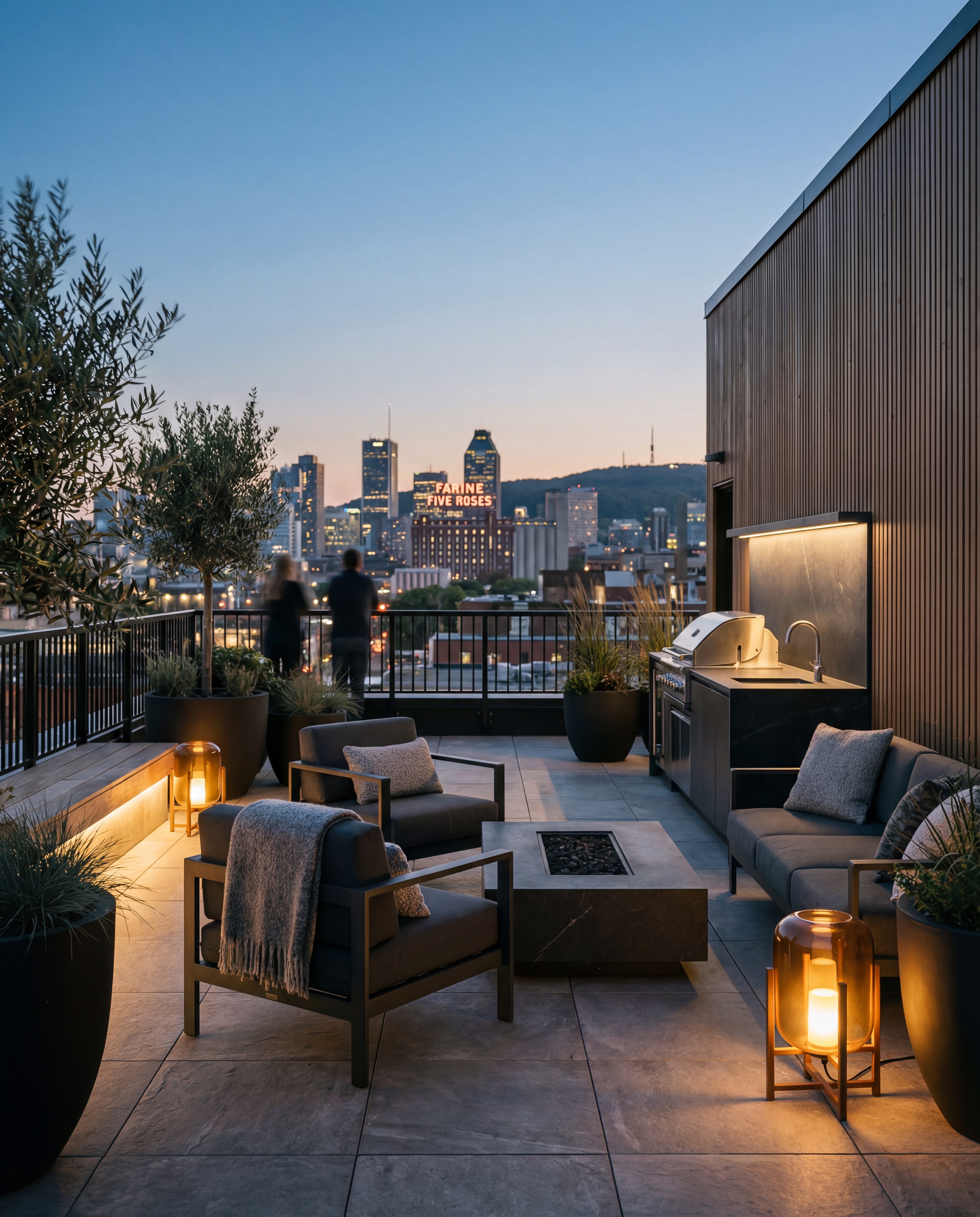 Modern rooftop terrace at dusk with city view