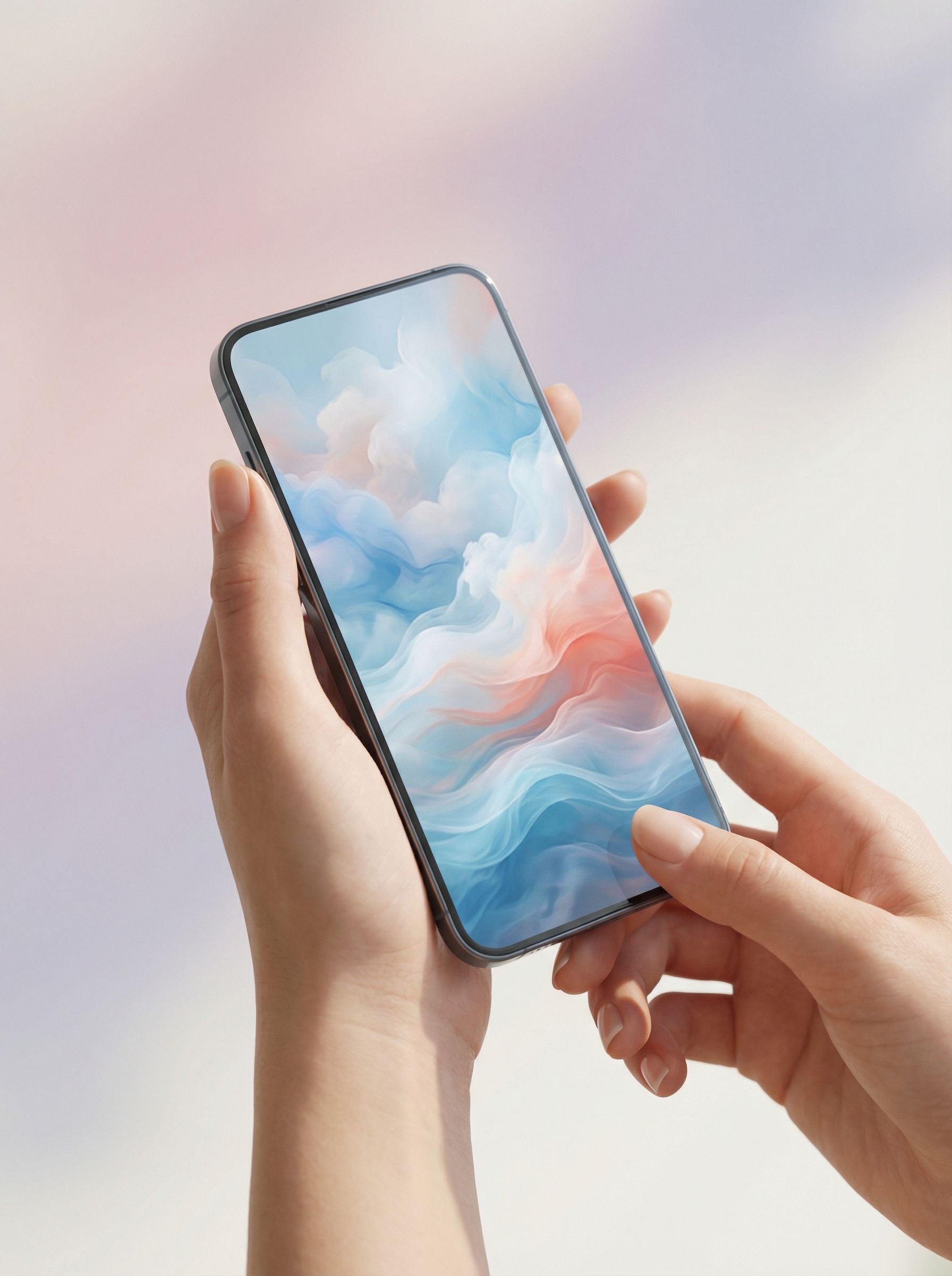 Hand holding smartphone with pastel abstract screen
