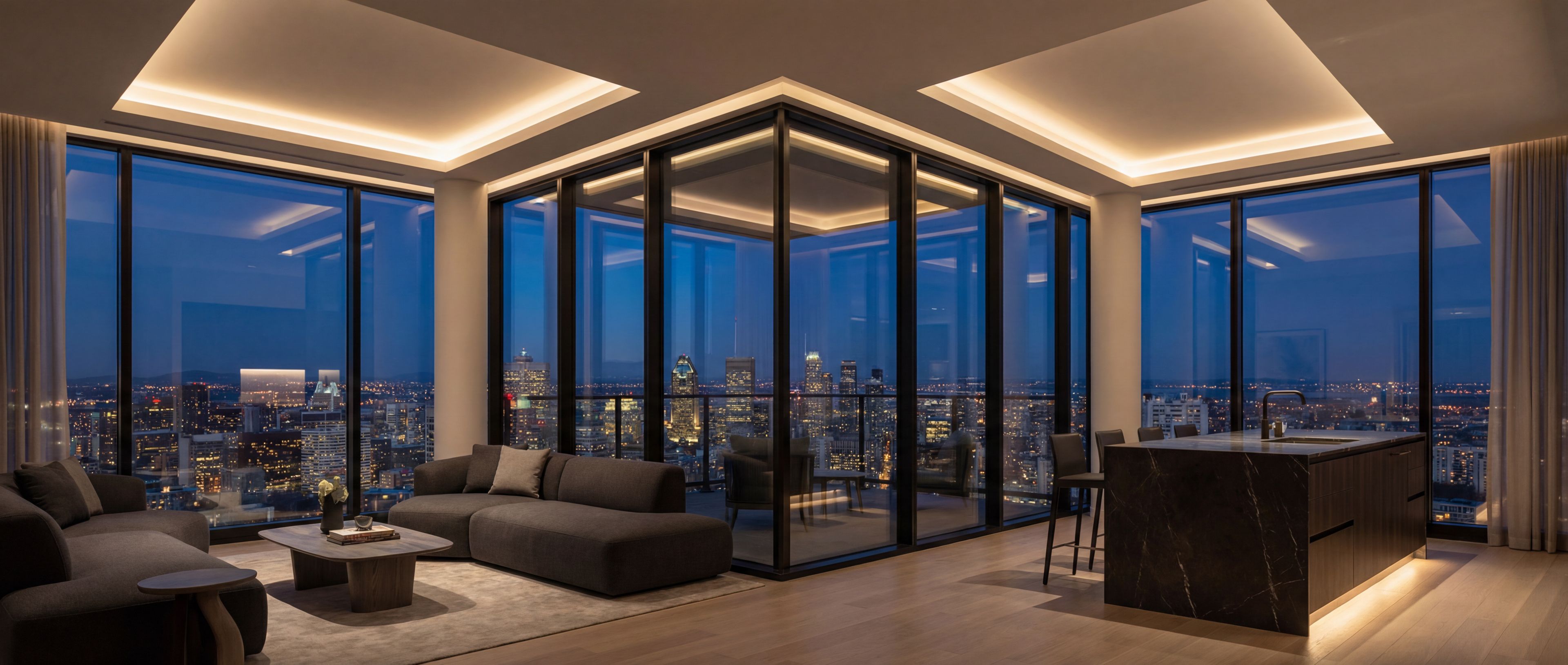 Luxury penthouse living room with city skyline