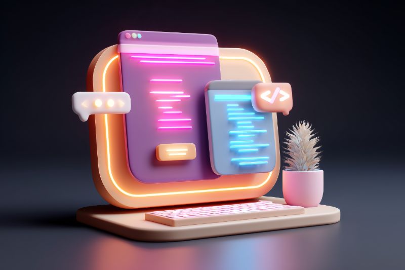 3D neon coding workstation illustration