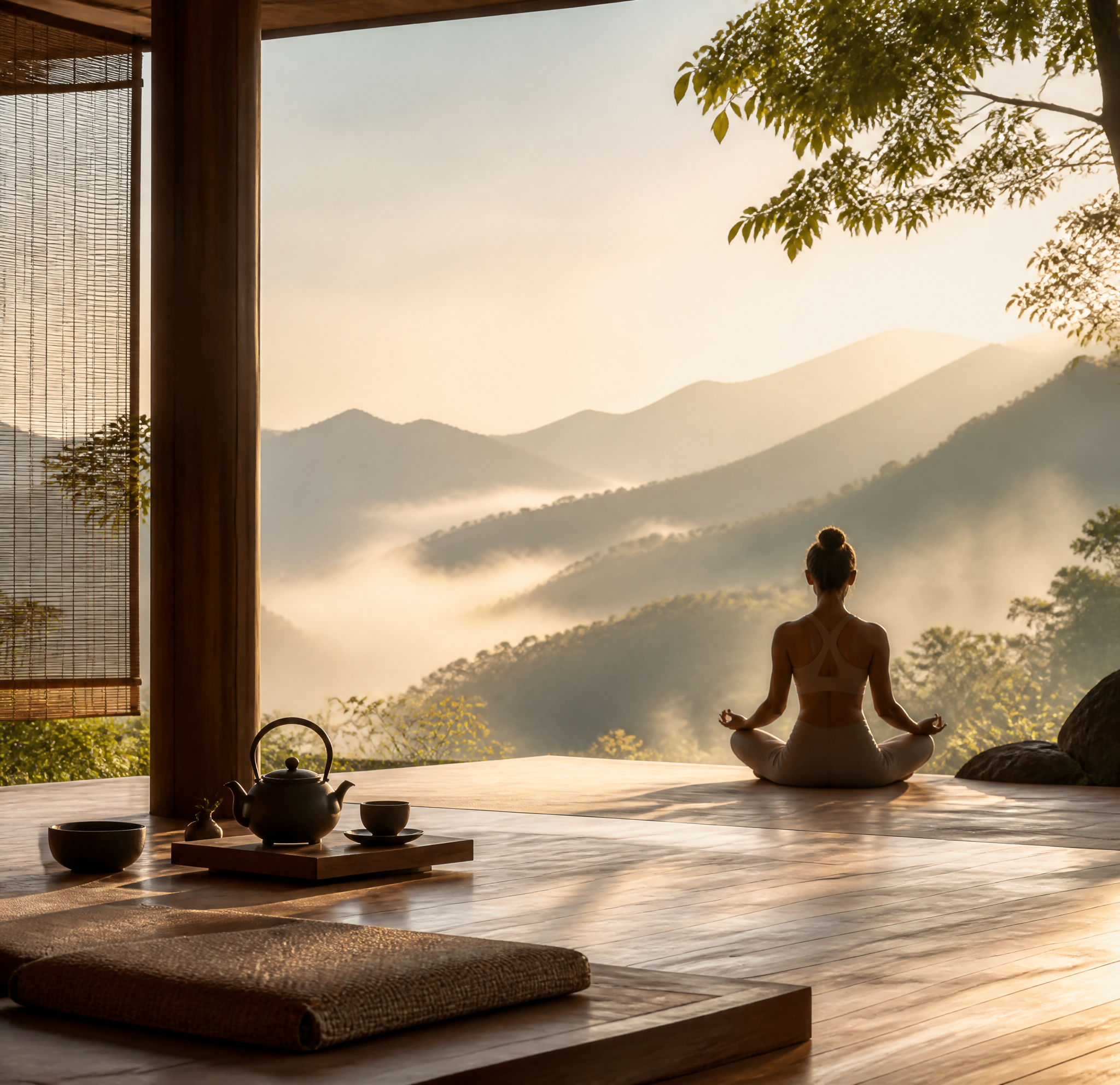 Meditation at Sunrise Over Misty Mountains