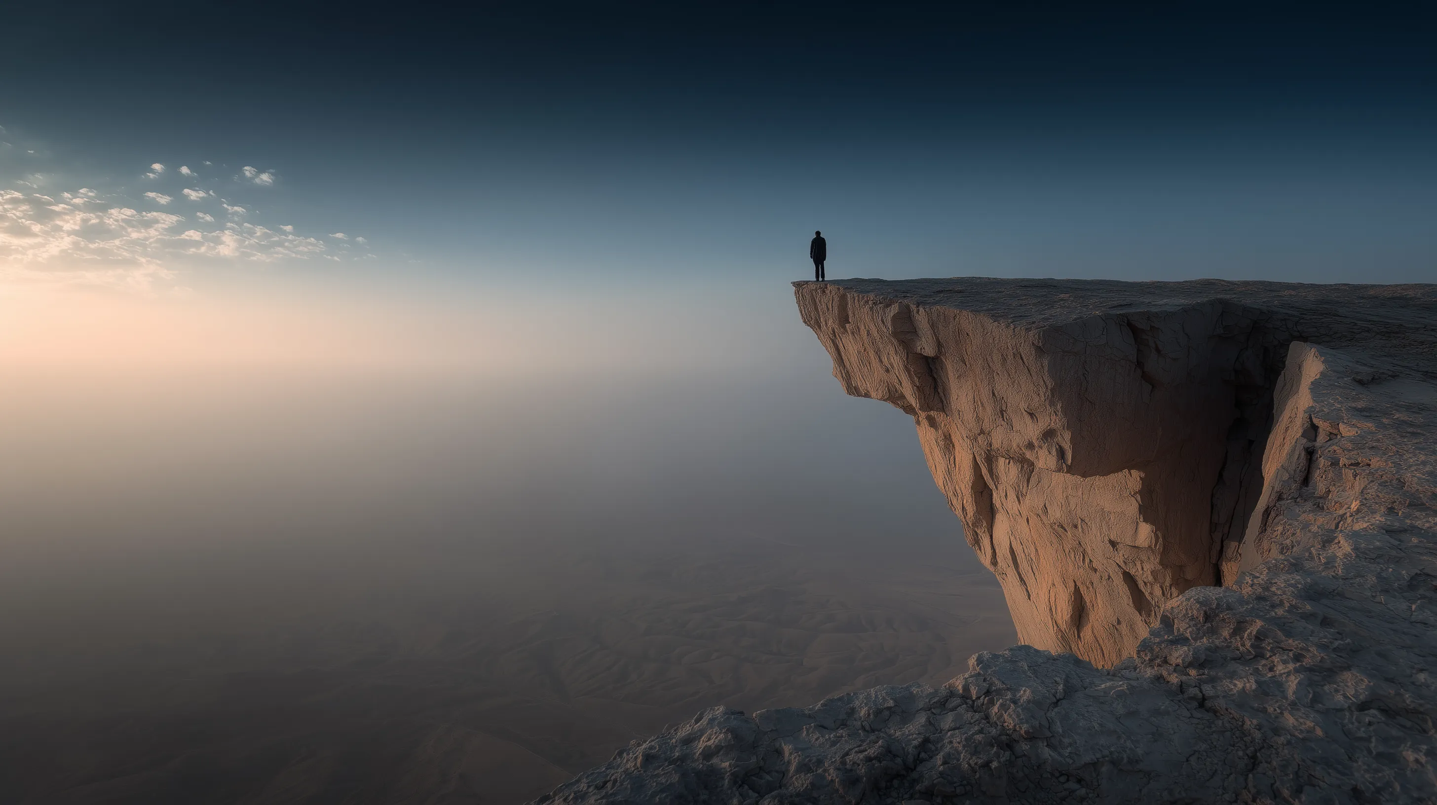 Silhouette of Man Standing on Dramatic Desert Cliff