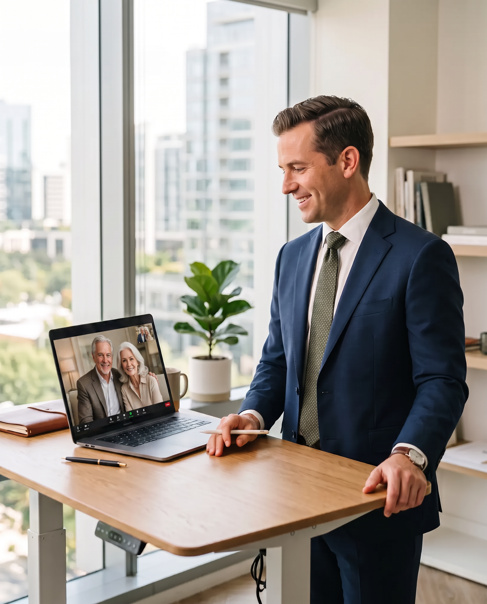 Confident financial advisor on a video call with affluent pre-retiree couple