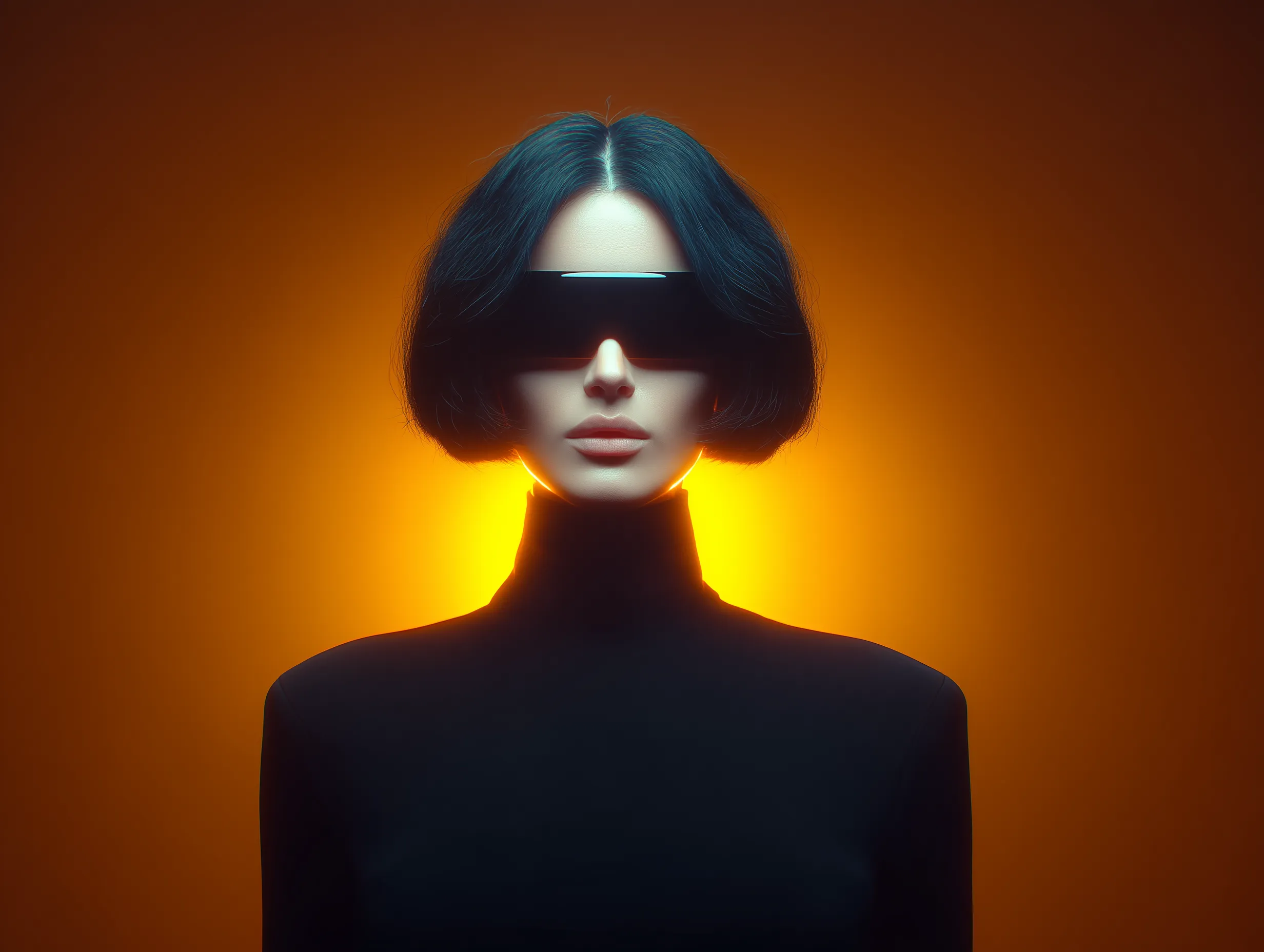 Futuristic woman in black against glowing orange