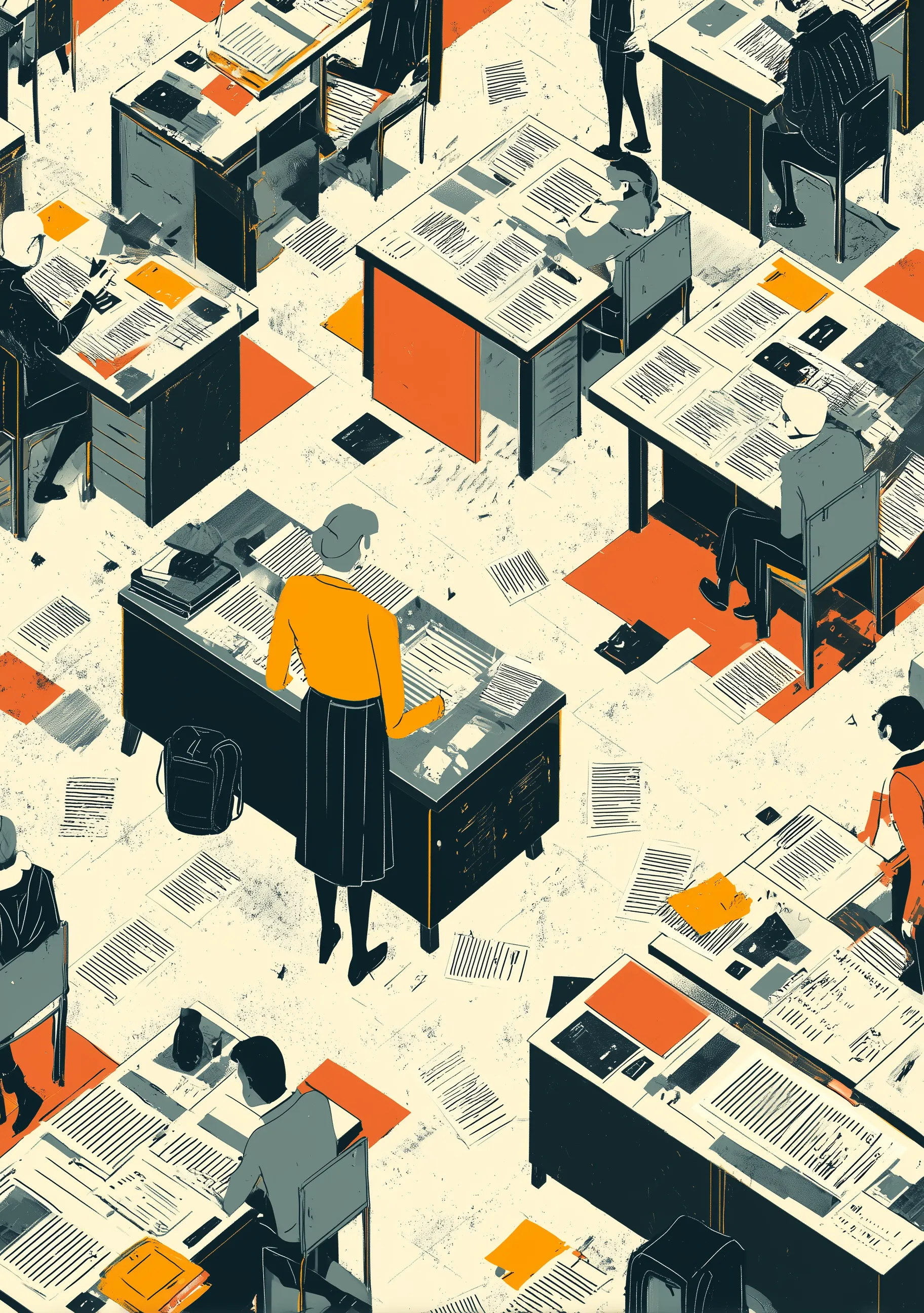 Isometric Illustration of Busy Office Desks