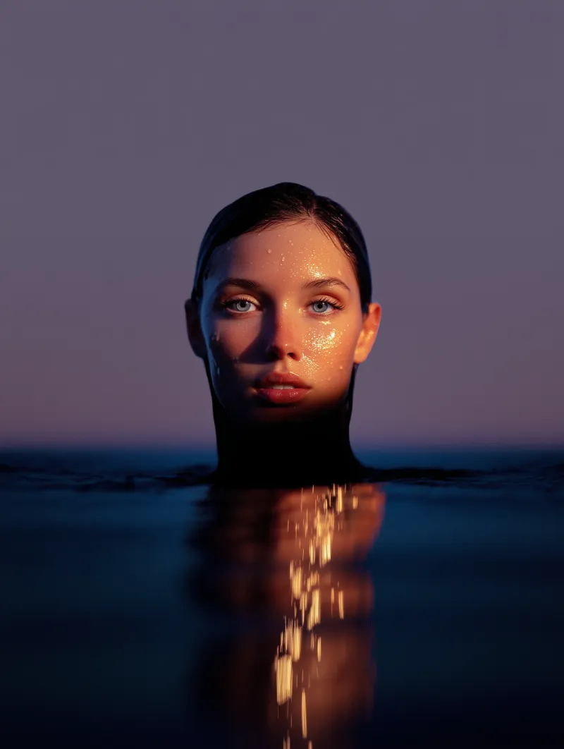 Woman's face emerging from water at dusk