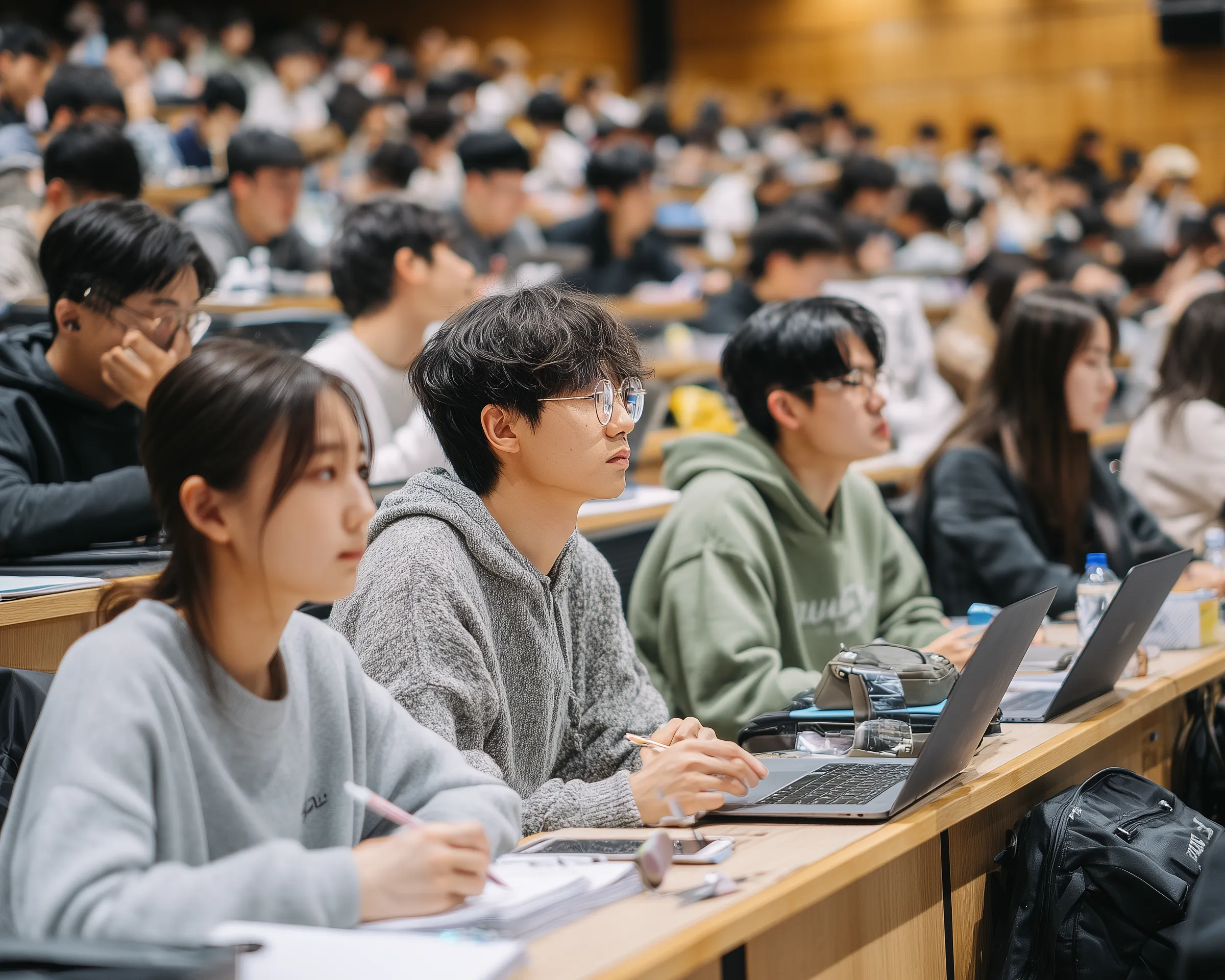 Students focused in large university lecture hall