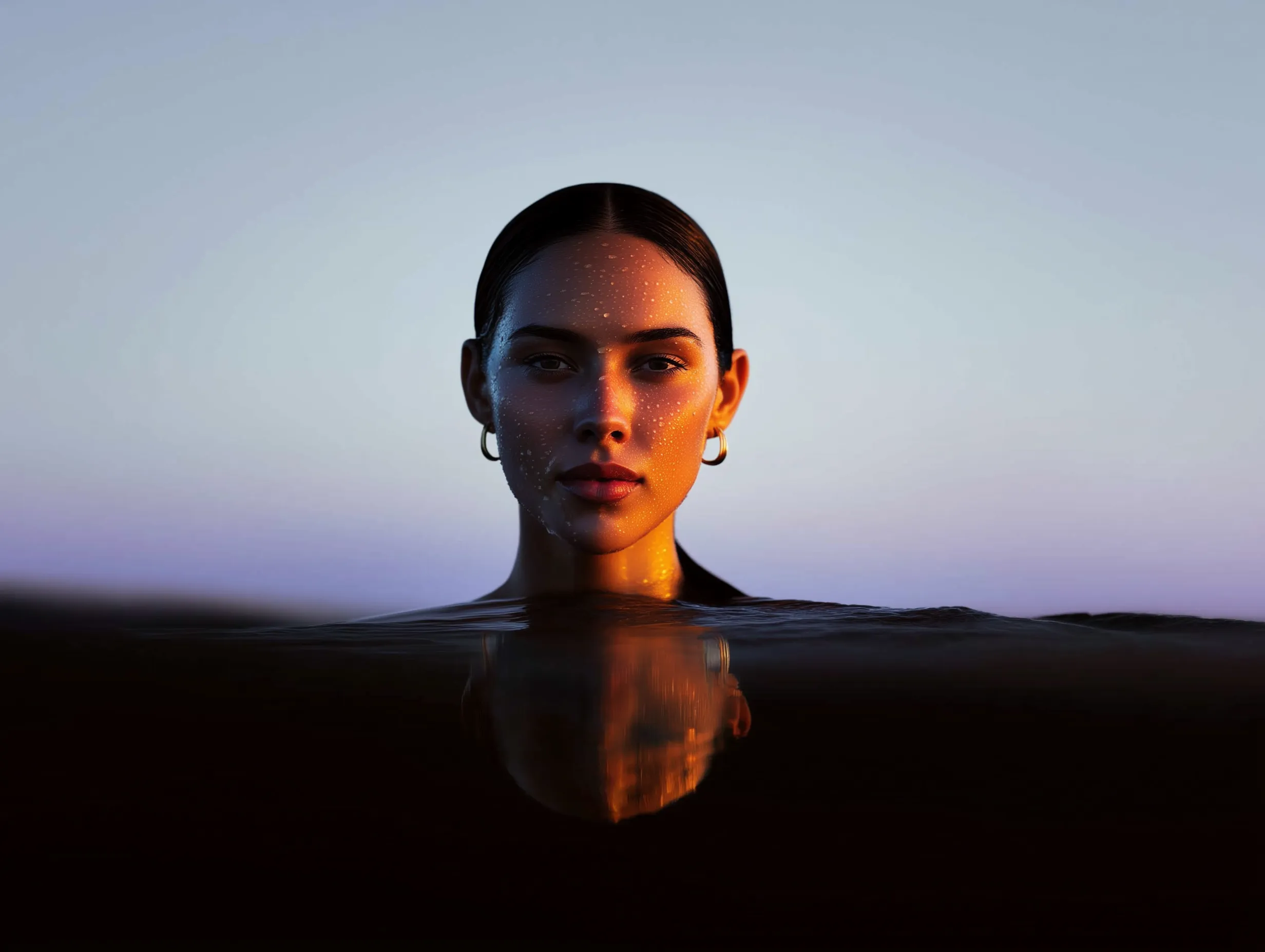 Serene dusk portrait emerging from water