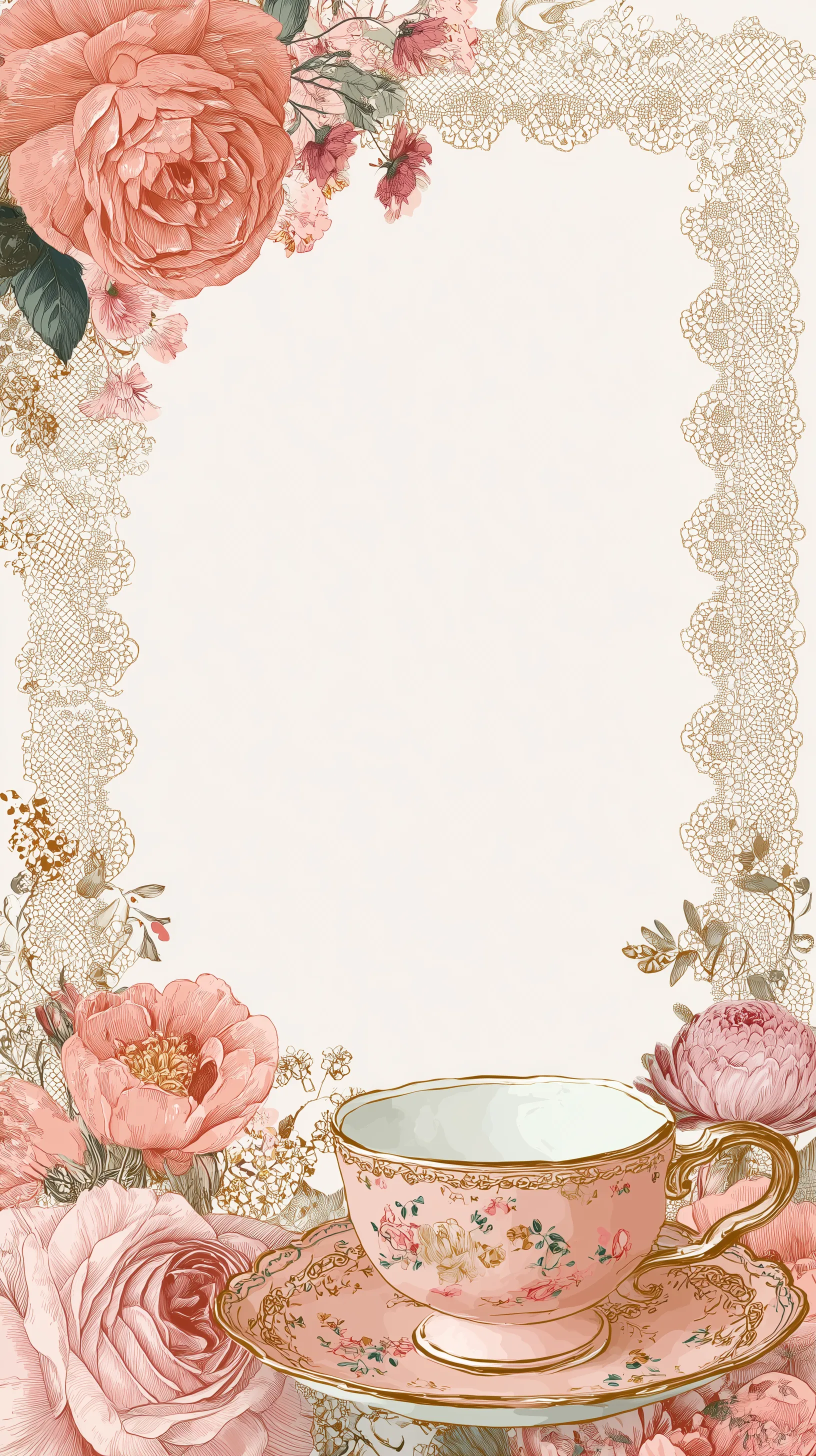 Vintage Rose Lace Frame with Pink Teacup
