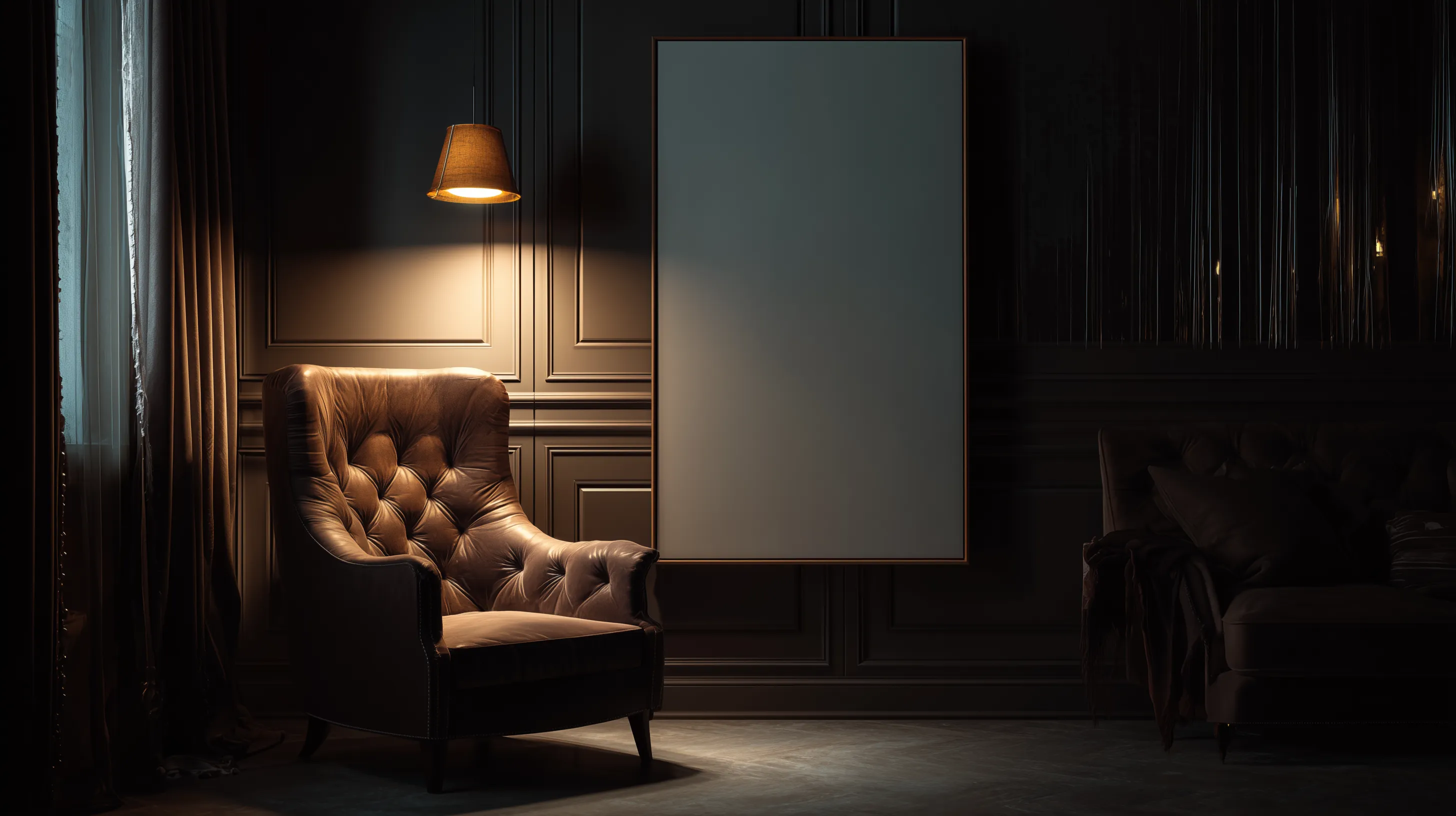 Moody Interior with Leather Armchair and Blank Canvas