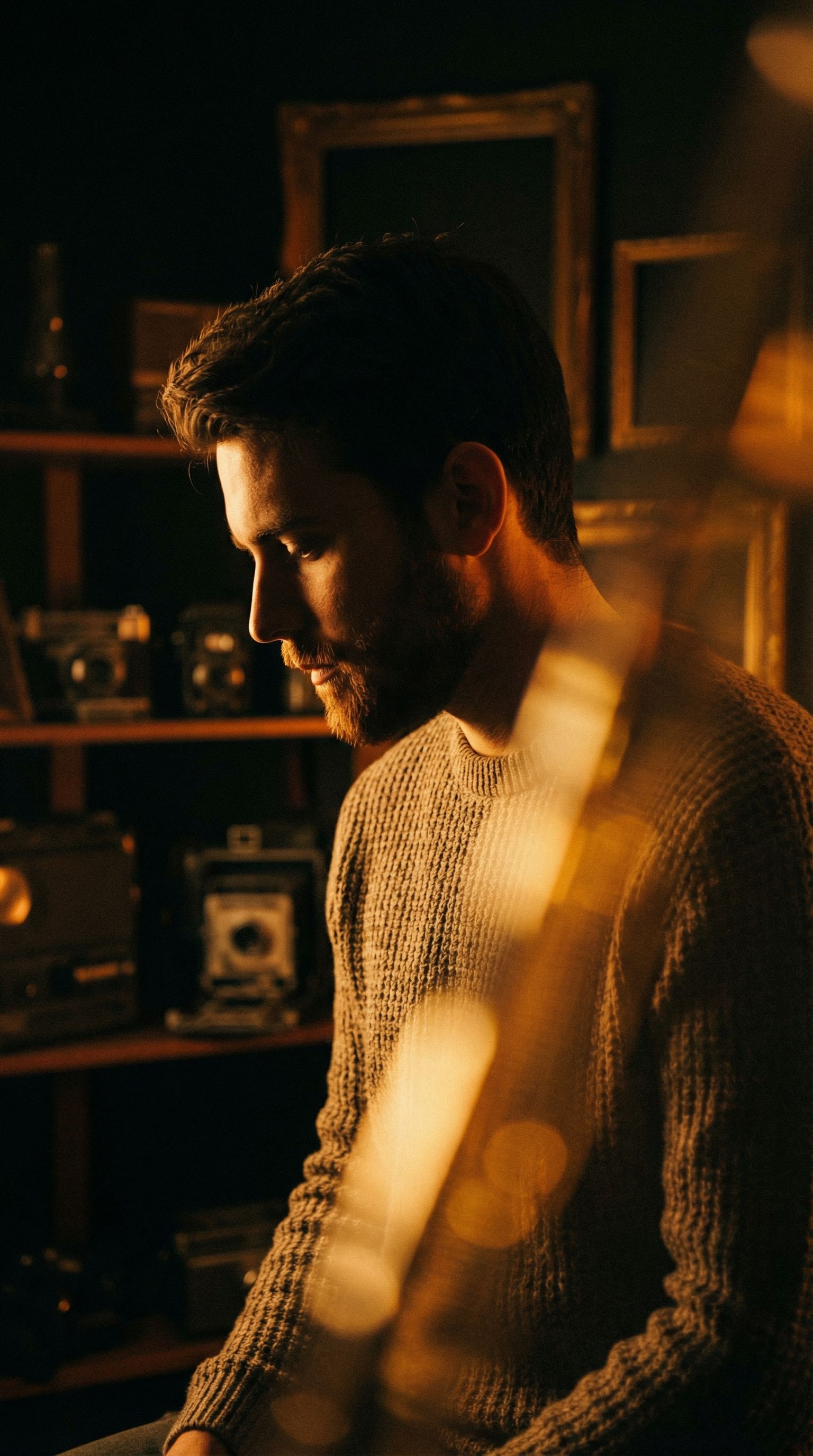 Pensive man in warm moody studio lighting