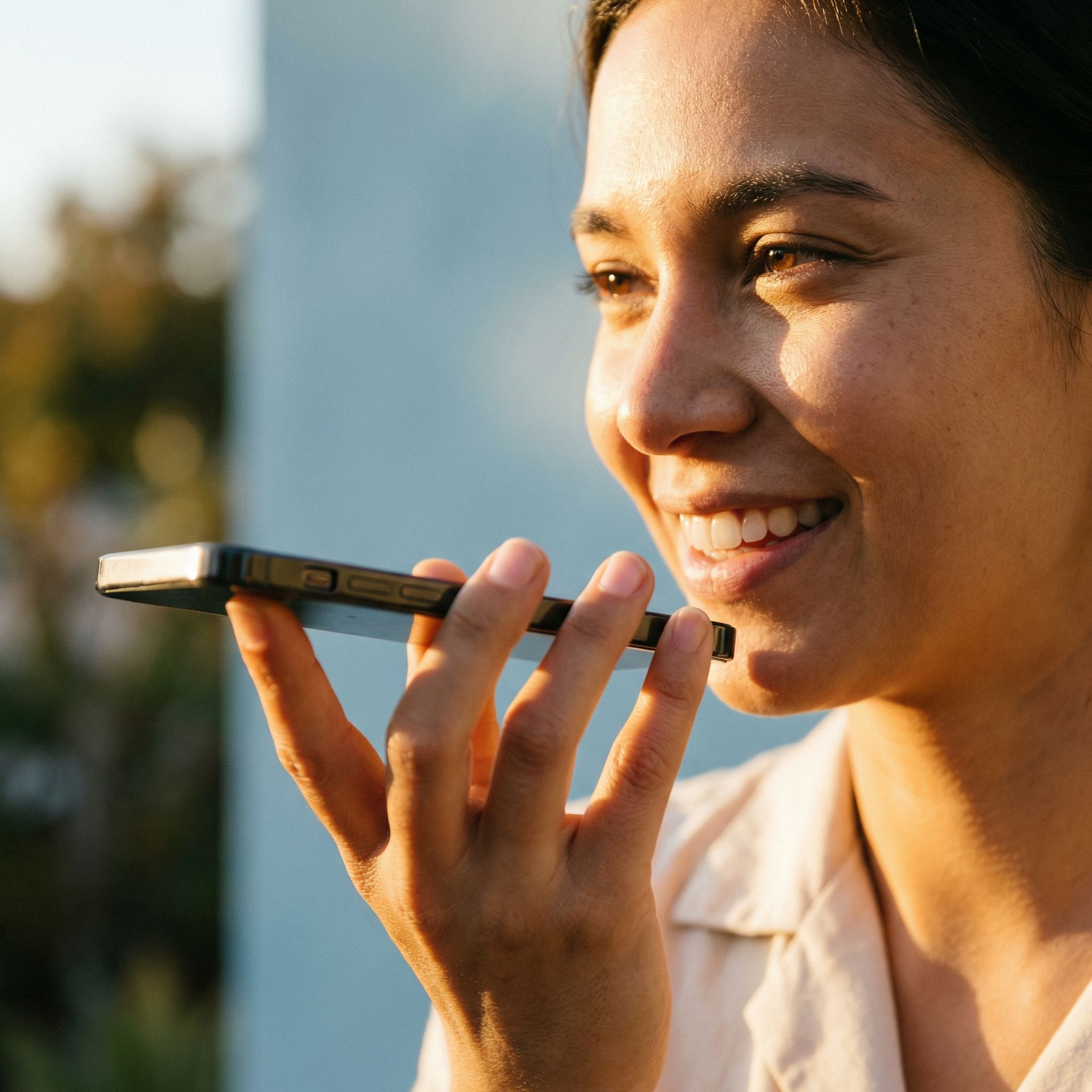 Smiling person using smartphone voice command