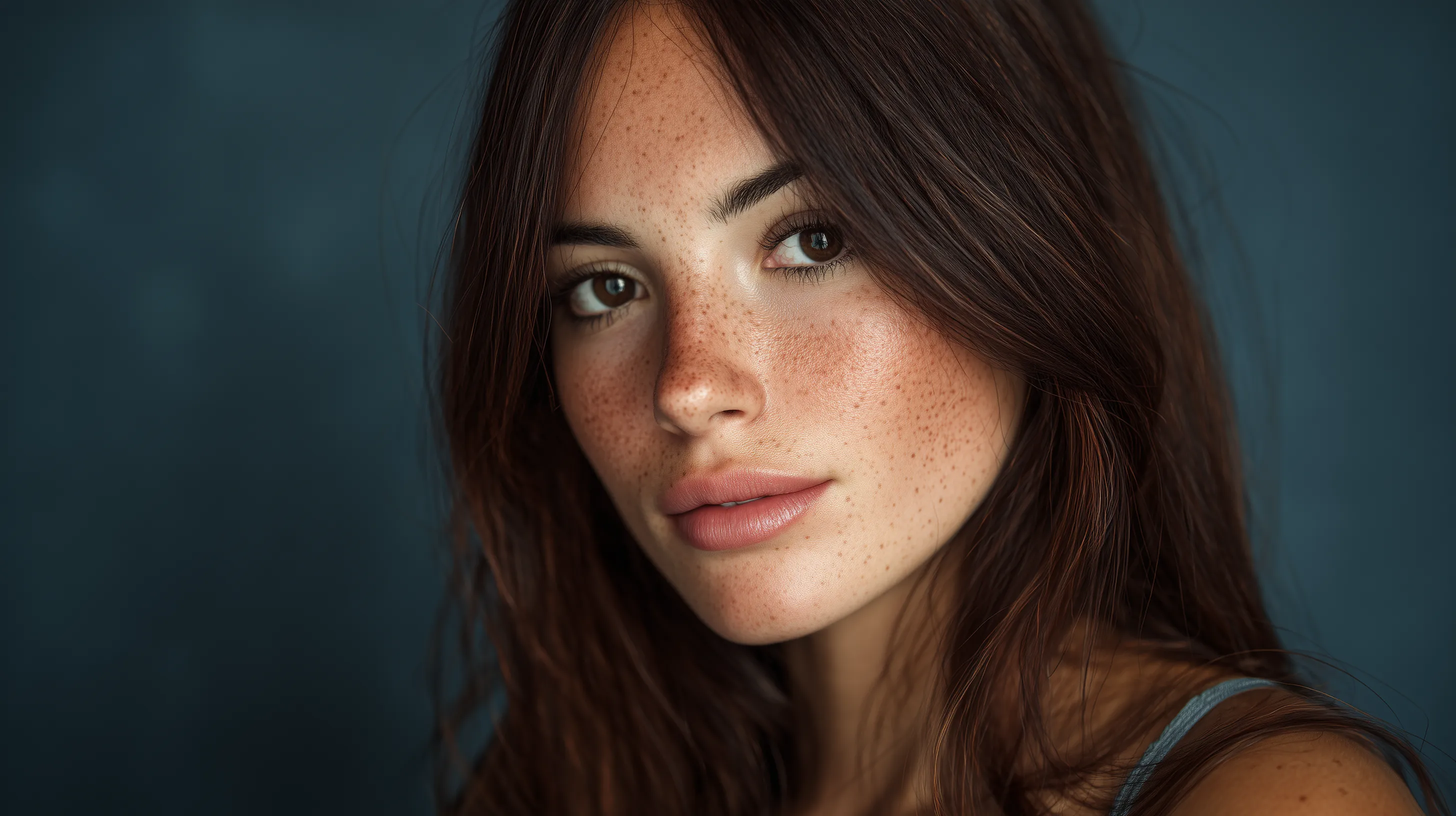 Close-up portrait of freckled young woman