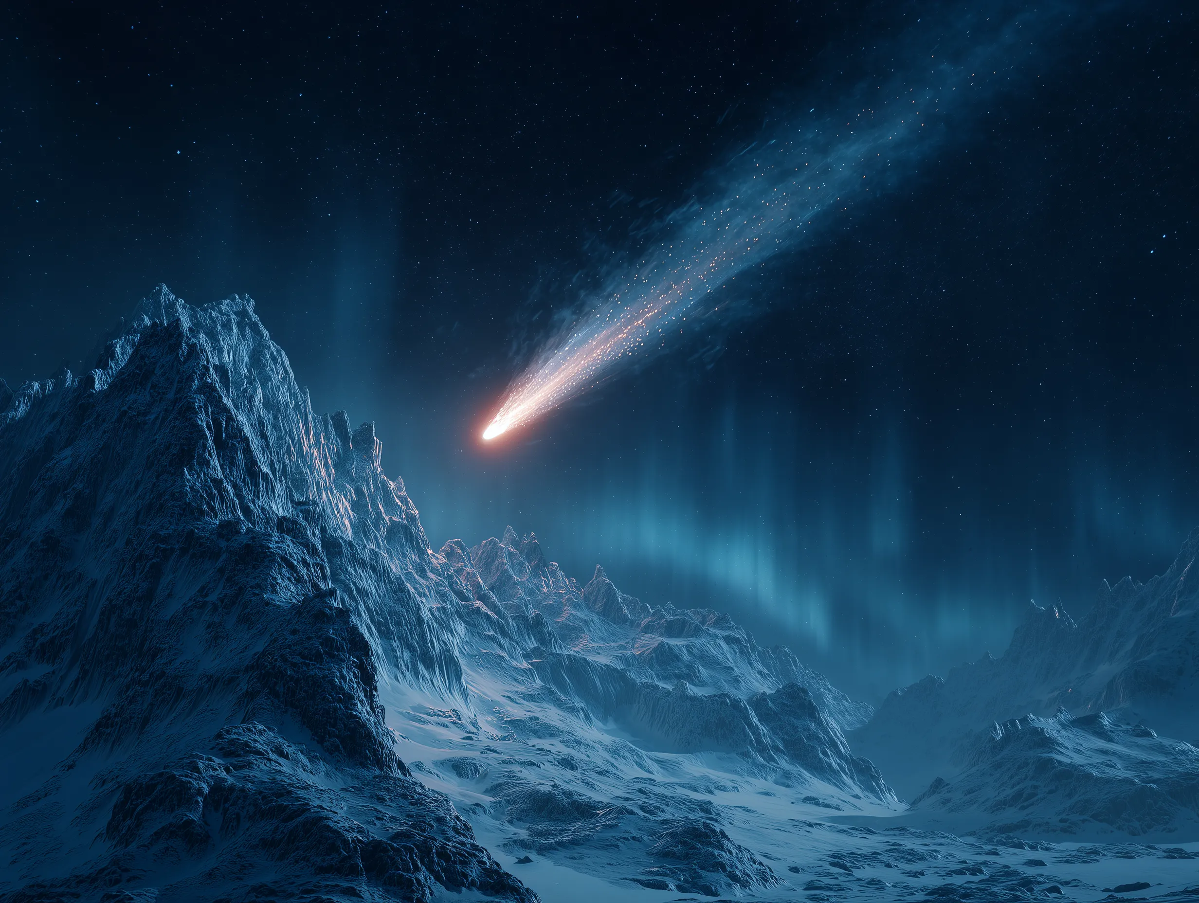 Comet Streaking Over Icy Mountain Range