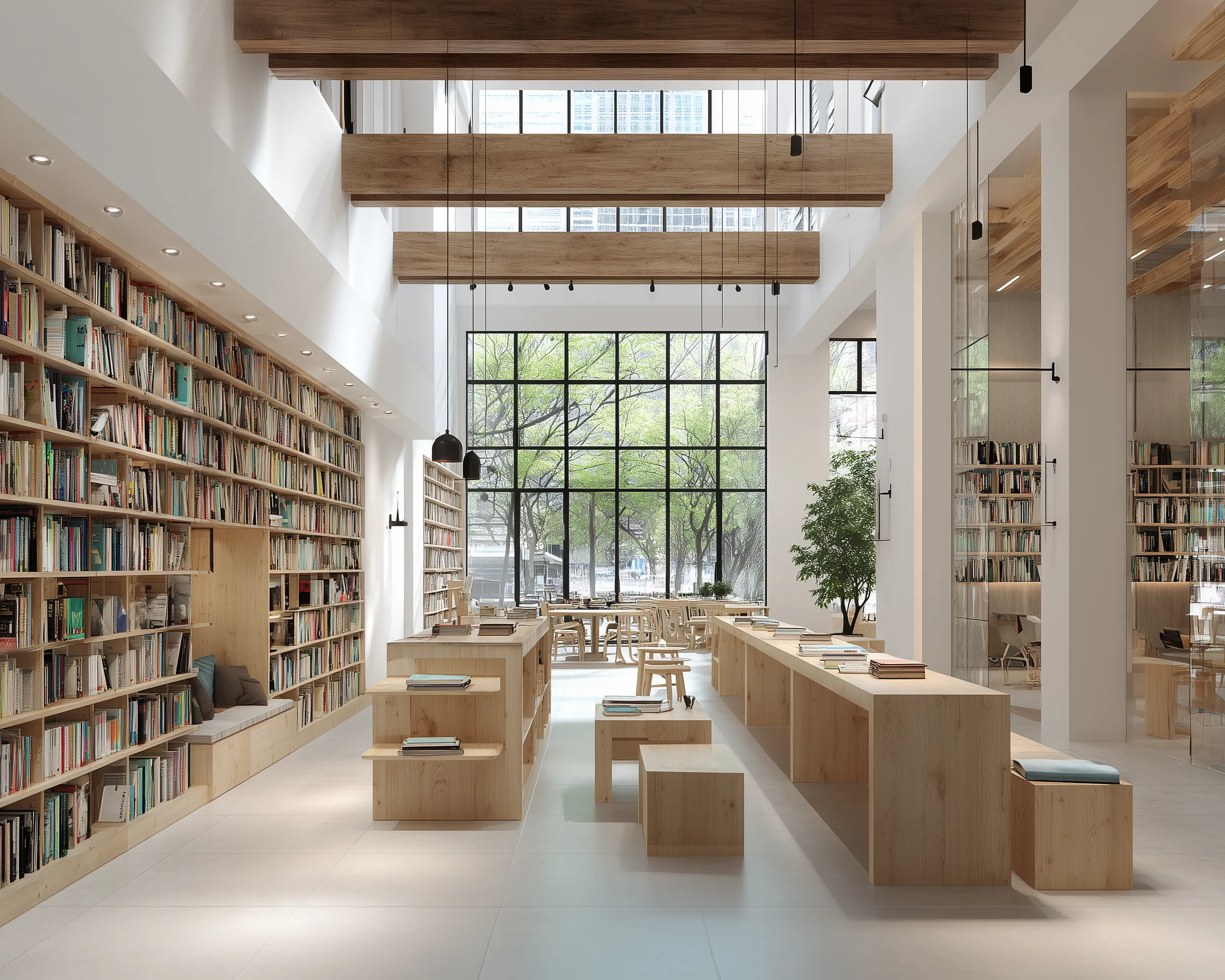 Modern library with wooden interiors and tall windows