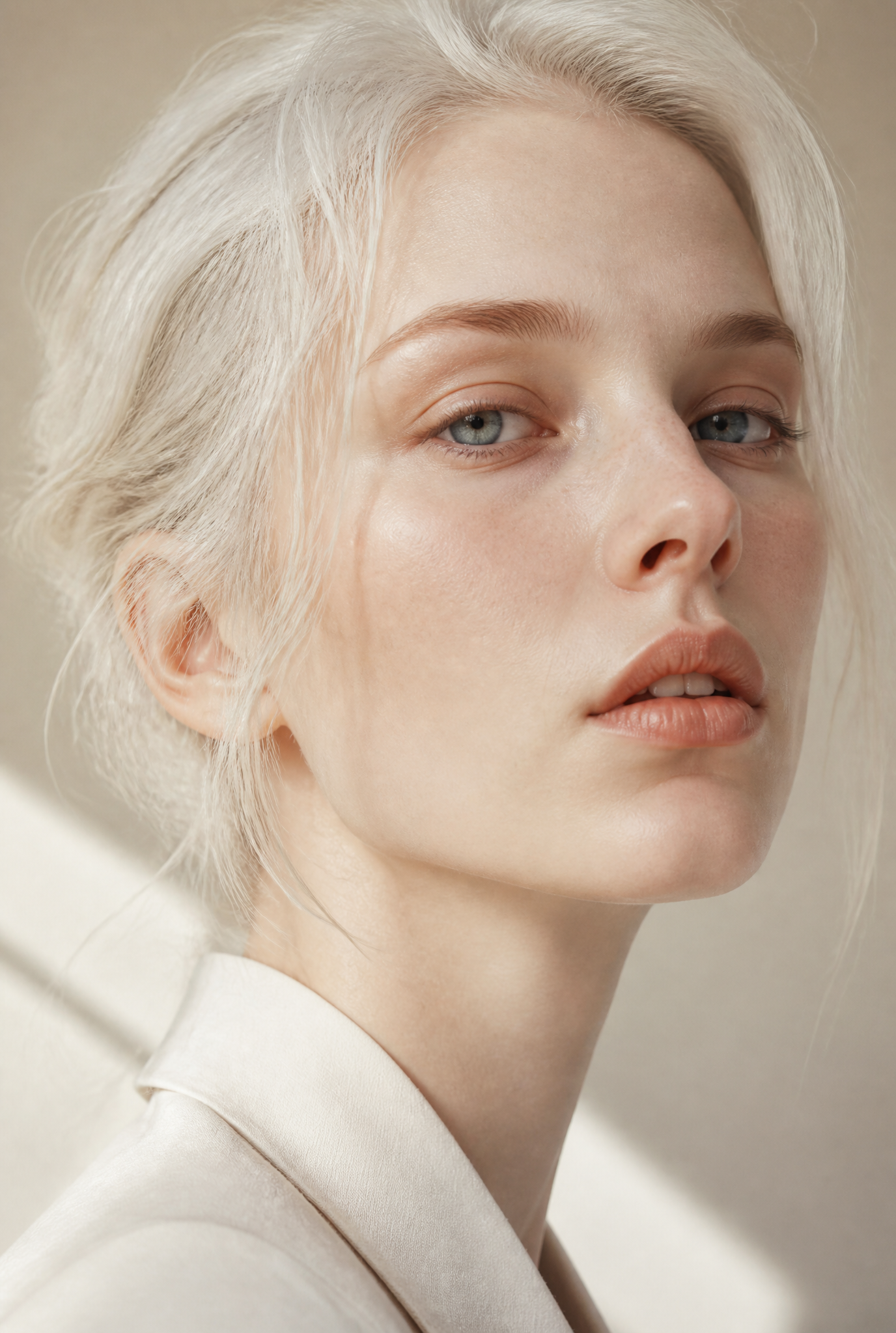 Close editorial beauty portrait with pale hair