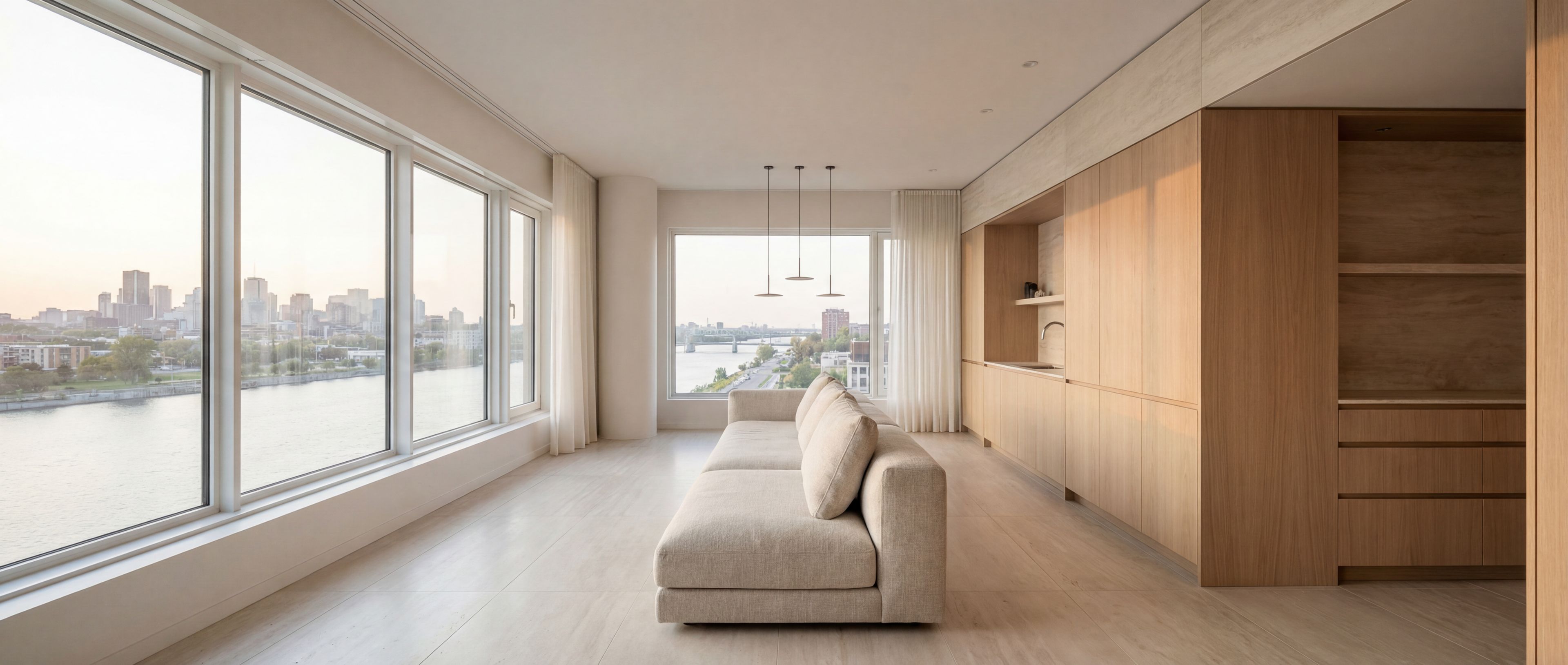 Minimalist riverside living room with city view