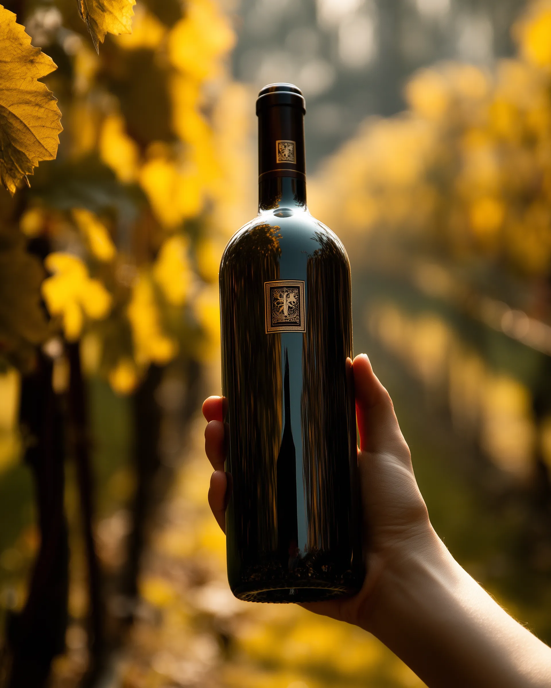 Wine bottle held in autumn vineyard