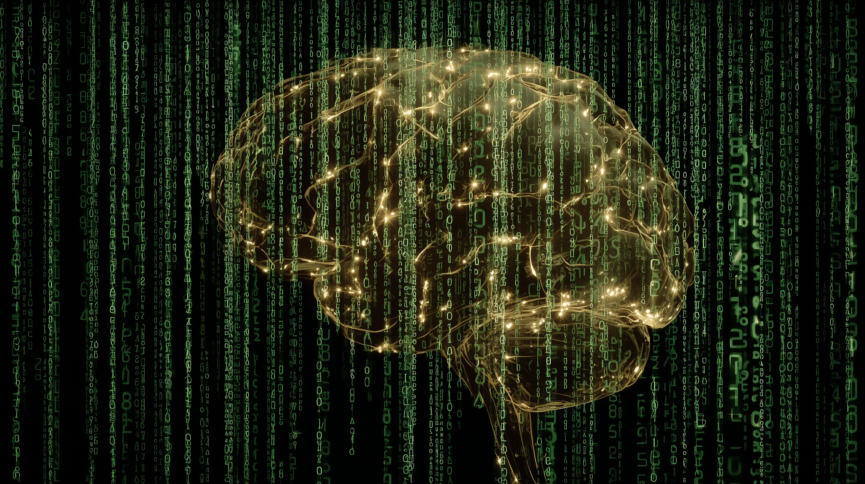 Glowing Digital Brain over Matrix Code