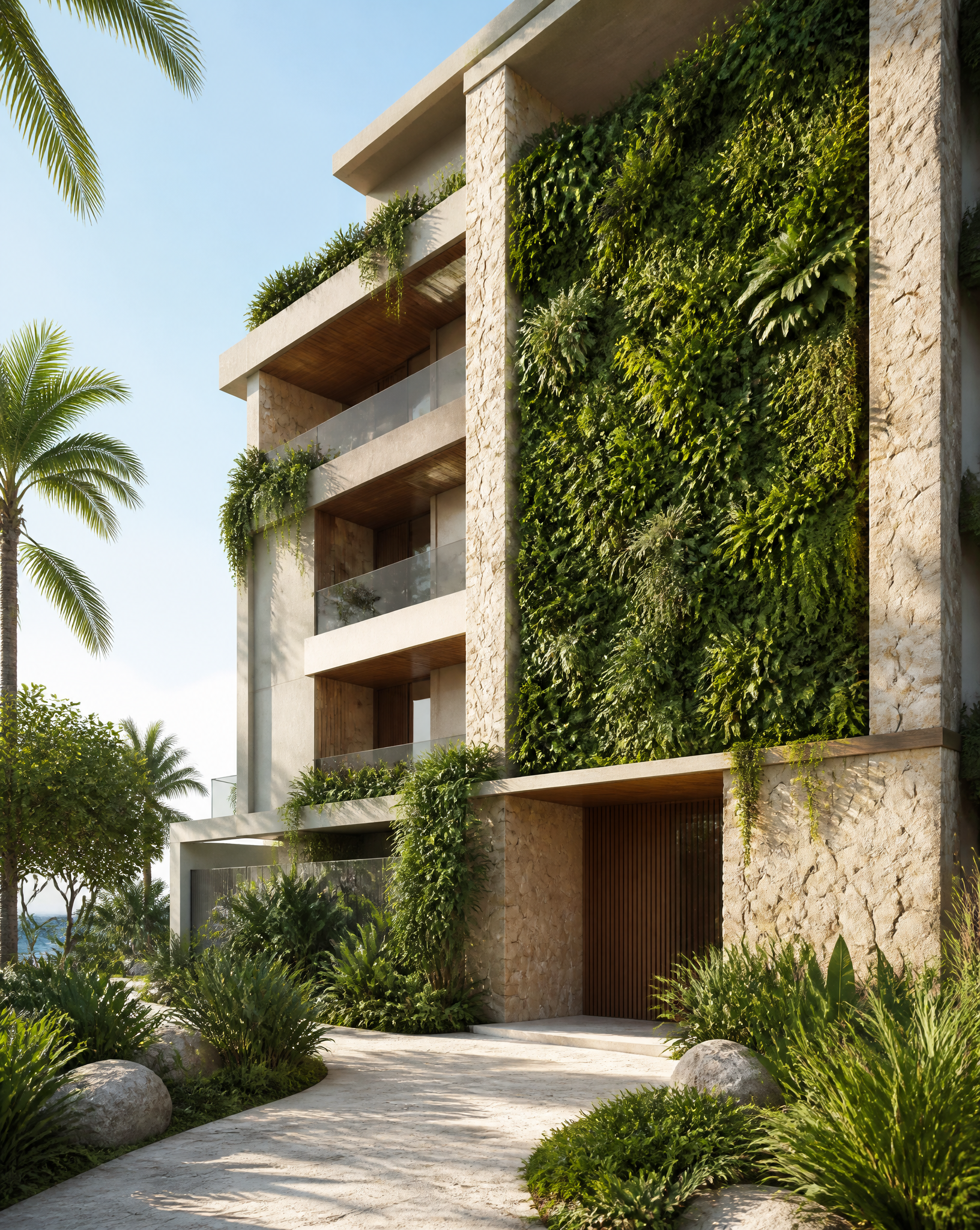 Sustainable building with living green wall and natural stone facade