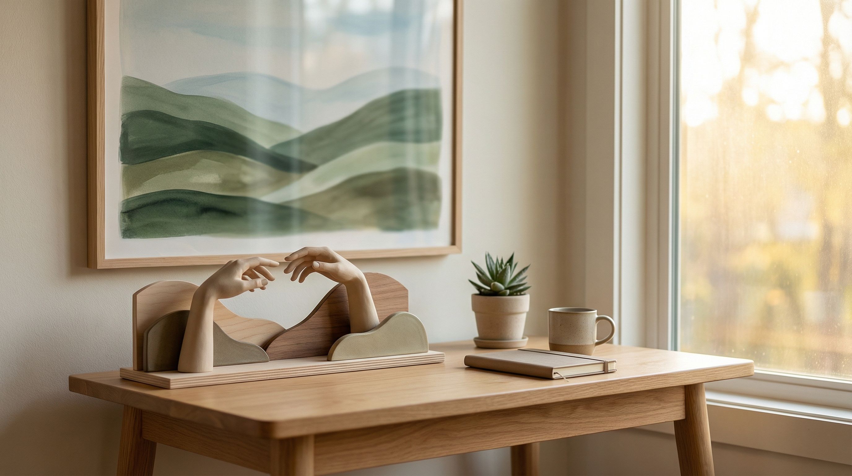 Minimalist desk with sculptural hands decor