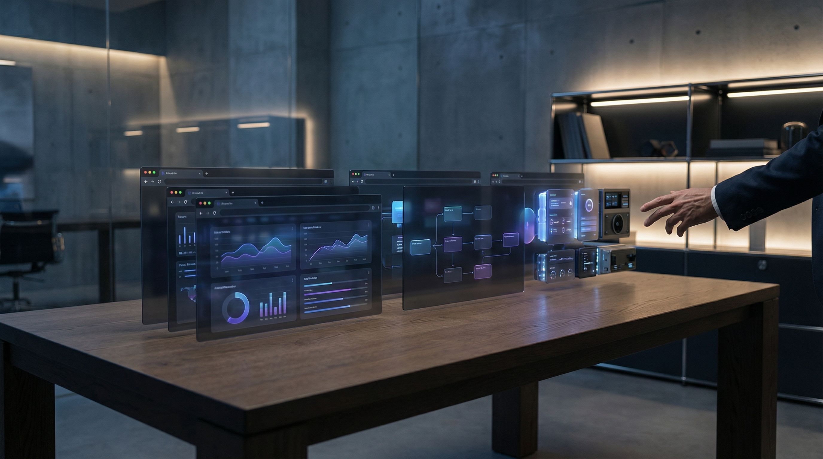 Futuristic holographic data dashboards in office