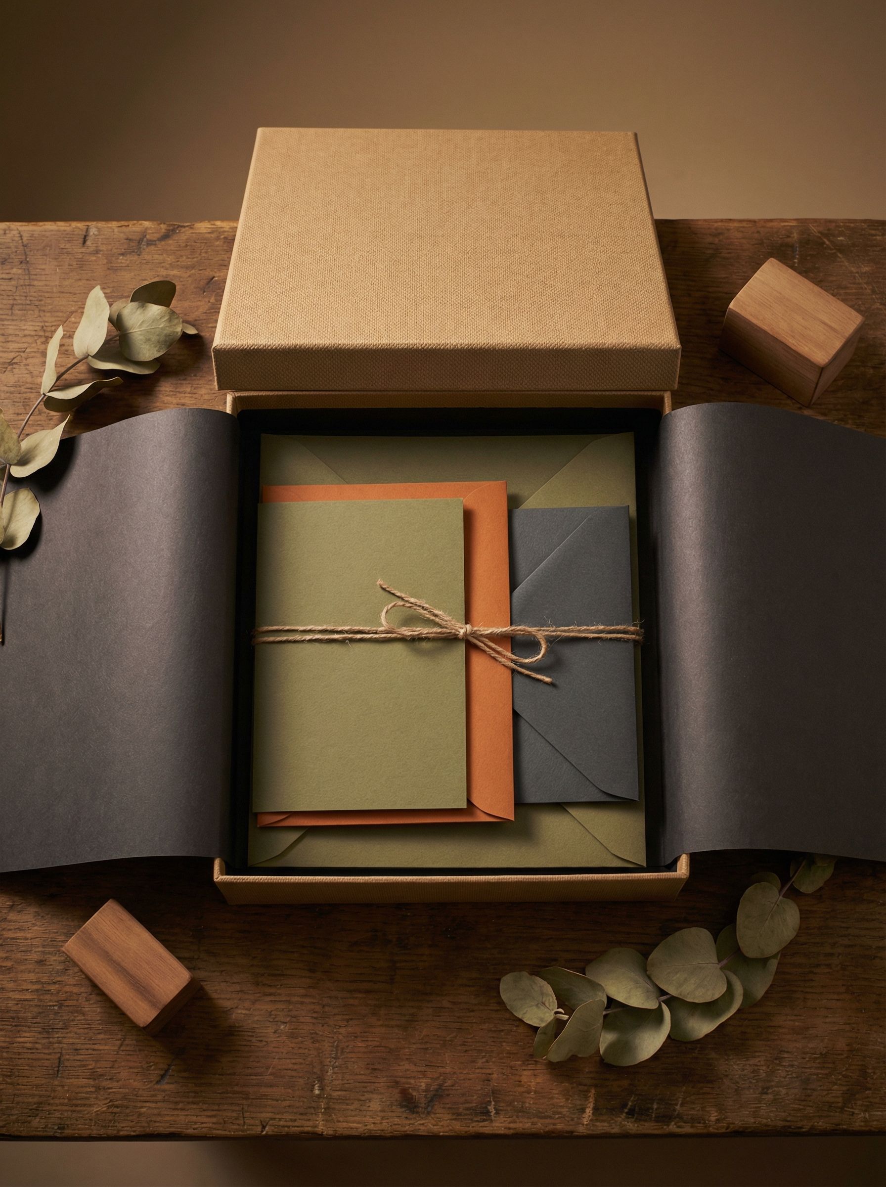 Rustic gift box with stationery set