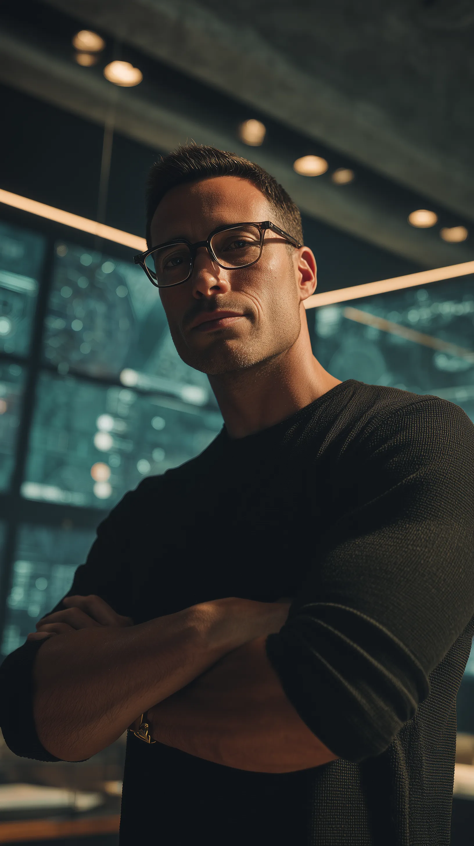 Confident professional in tech workspace